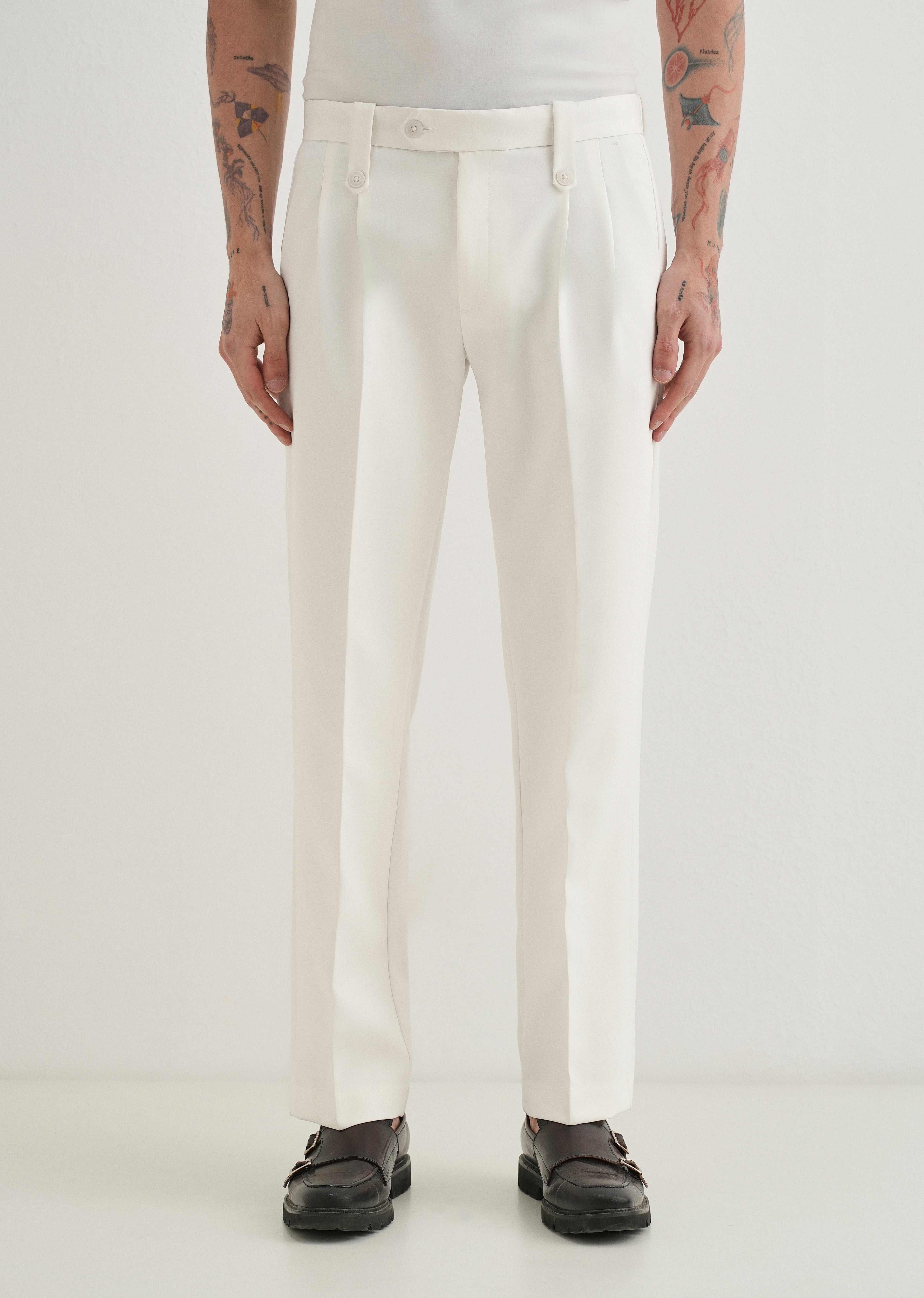 White Button-Tab Pleat Trouser