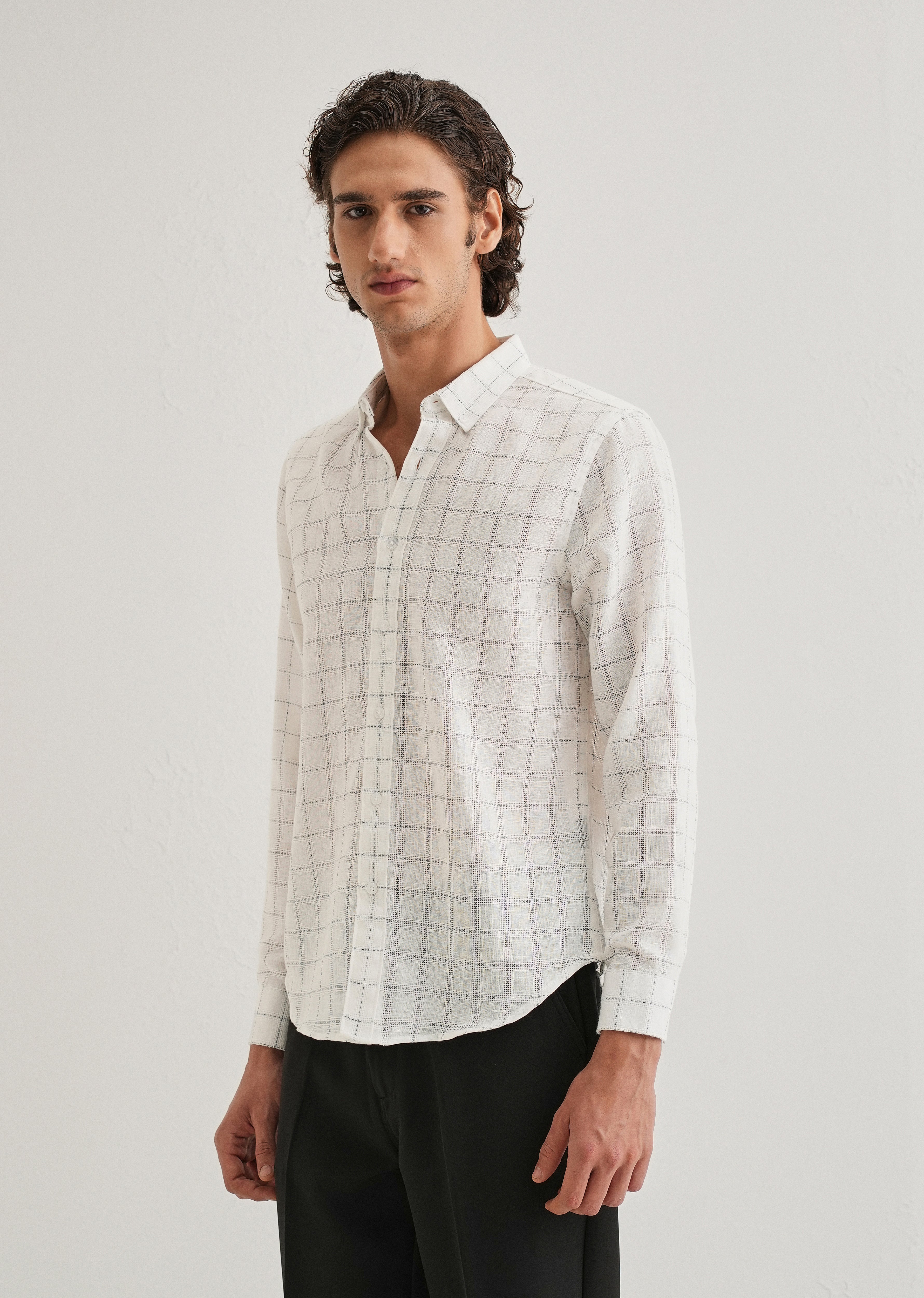 White Check Blended Linen Shirt