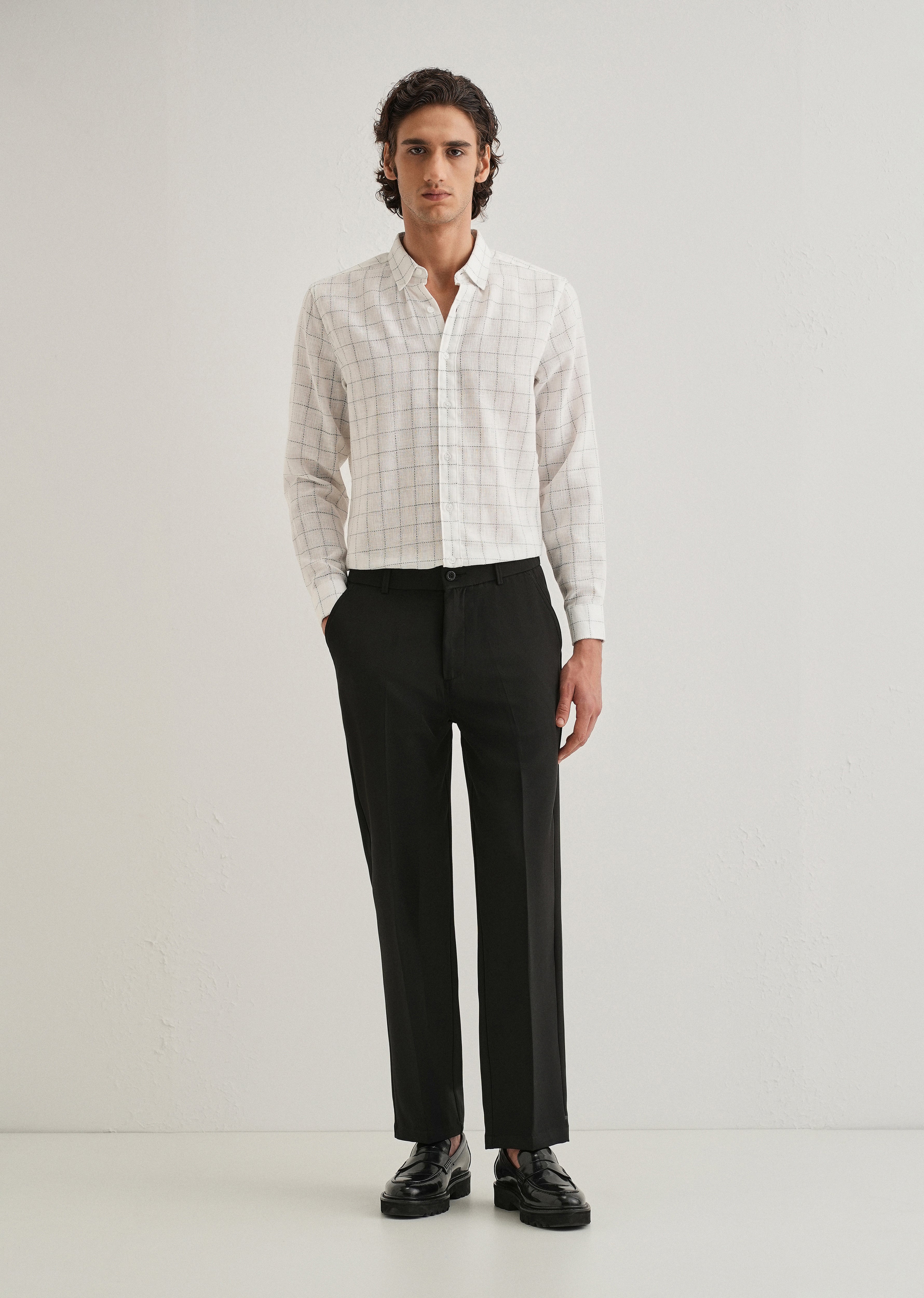 White Check Blended Linen Shirt