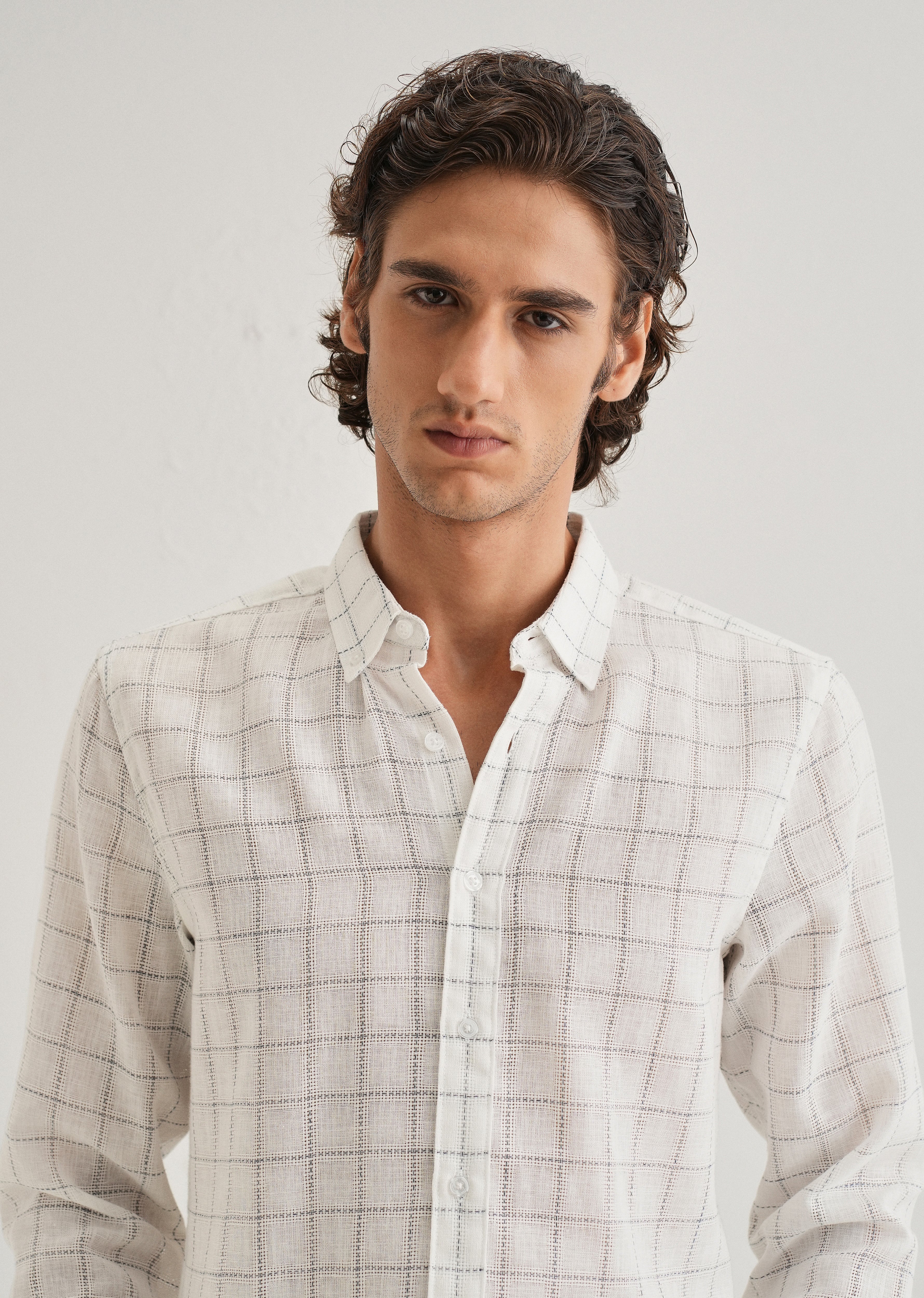 White Check Blended Linen Shirt
