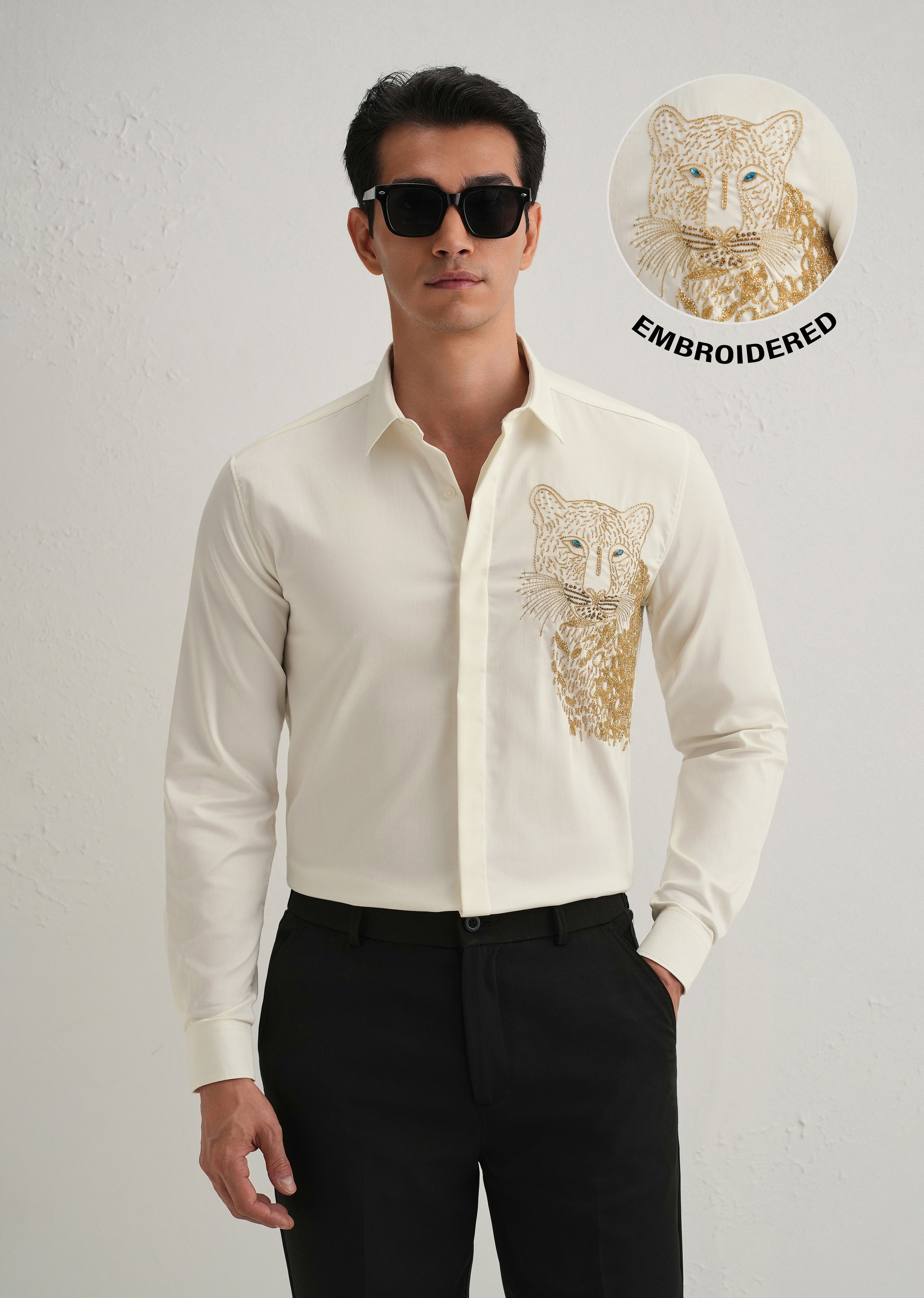 White Cheetah Embellished Handwork Designer Shirt