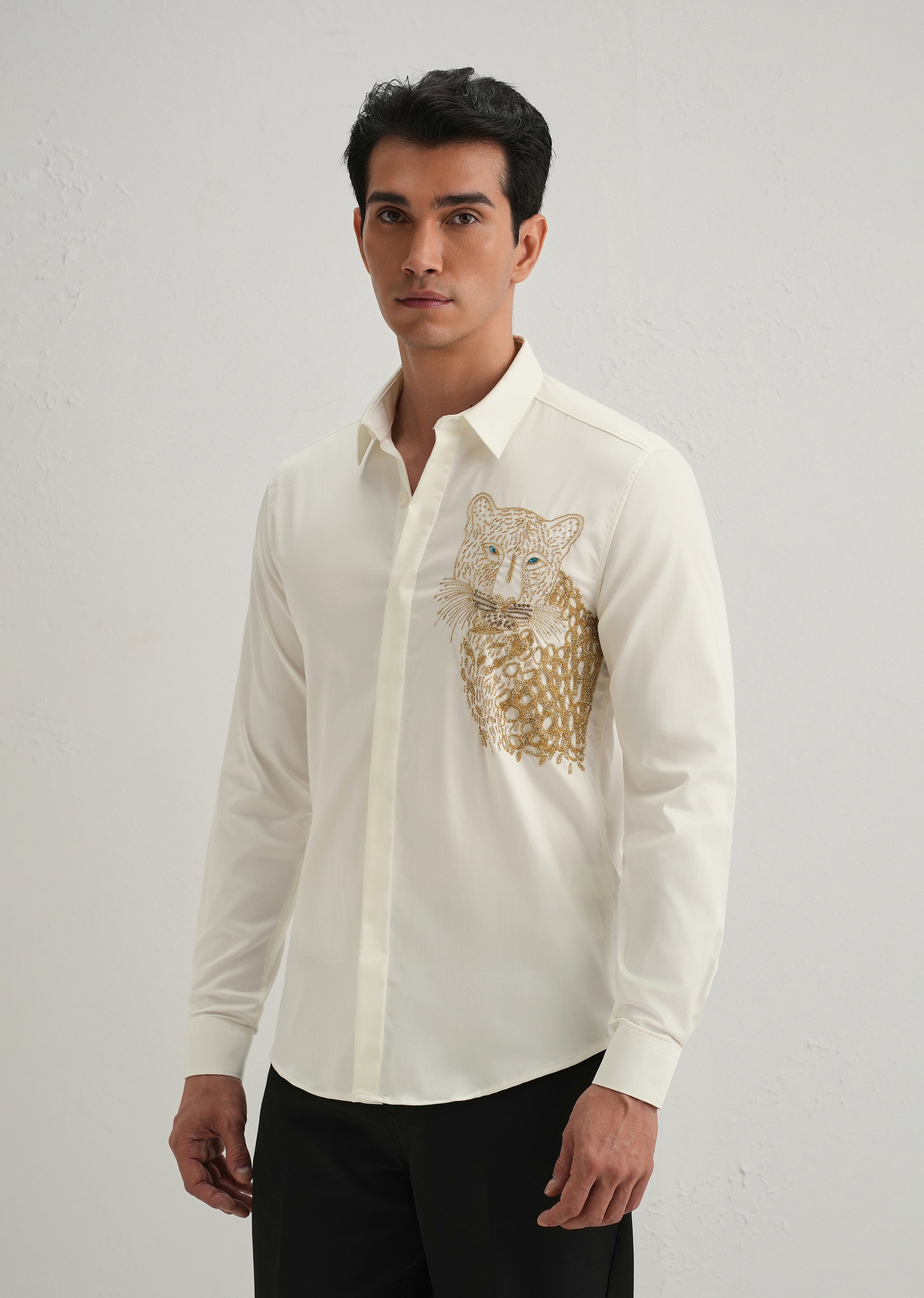 White Cheetah Embellished Handwork Designer Shirt