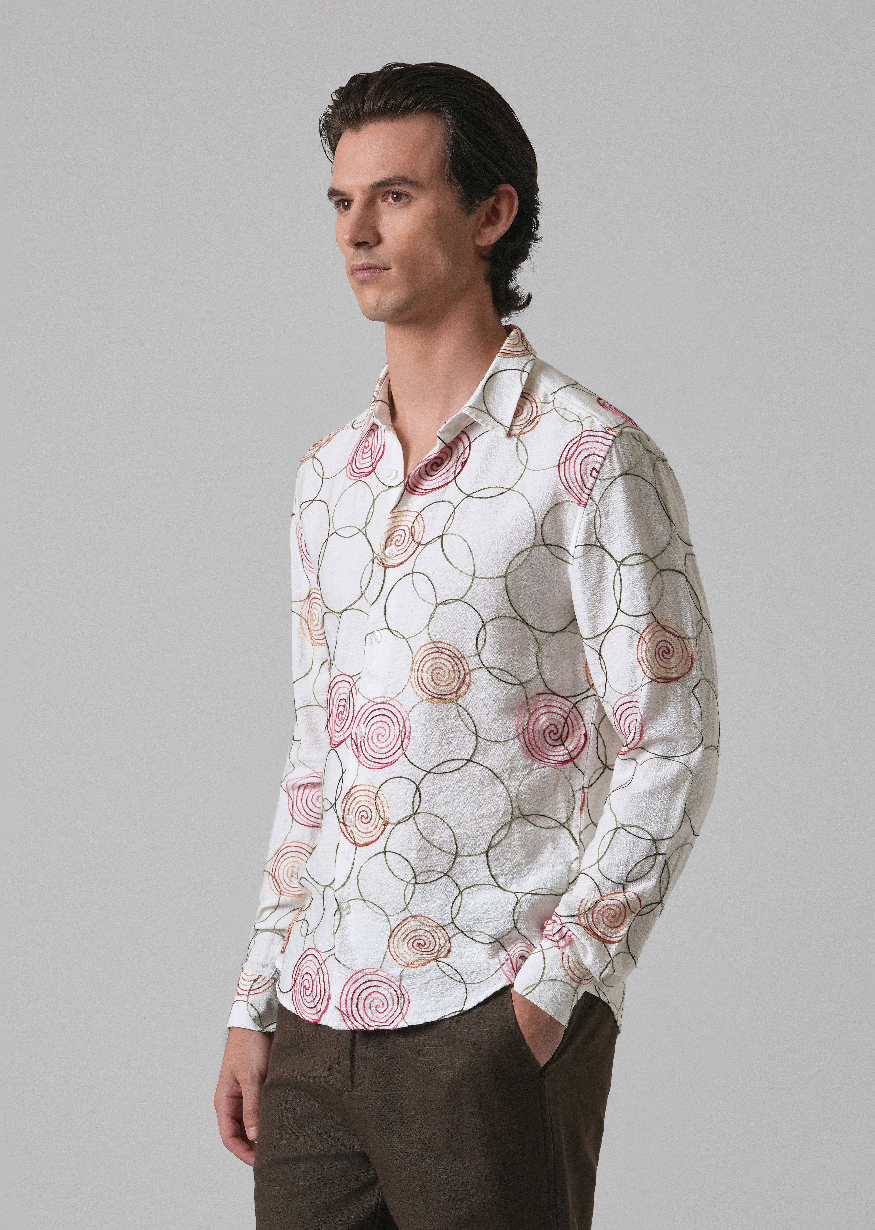 White Circular Embroidered Shirt