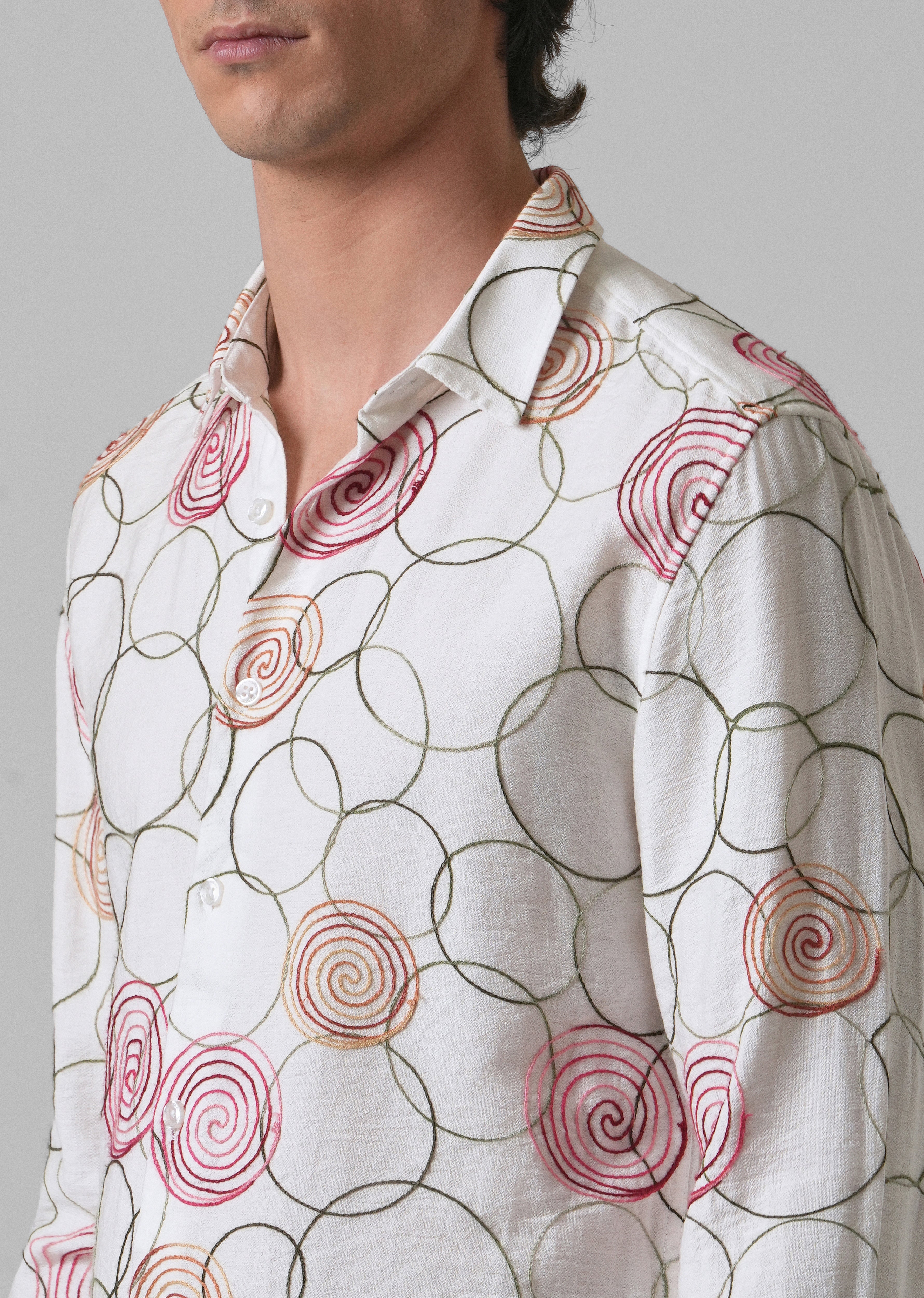White Circular Embroidered Shirt