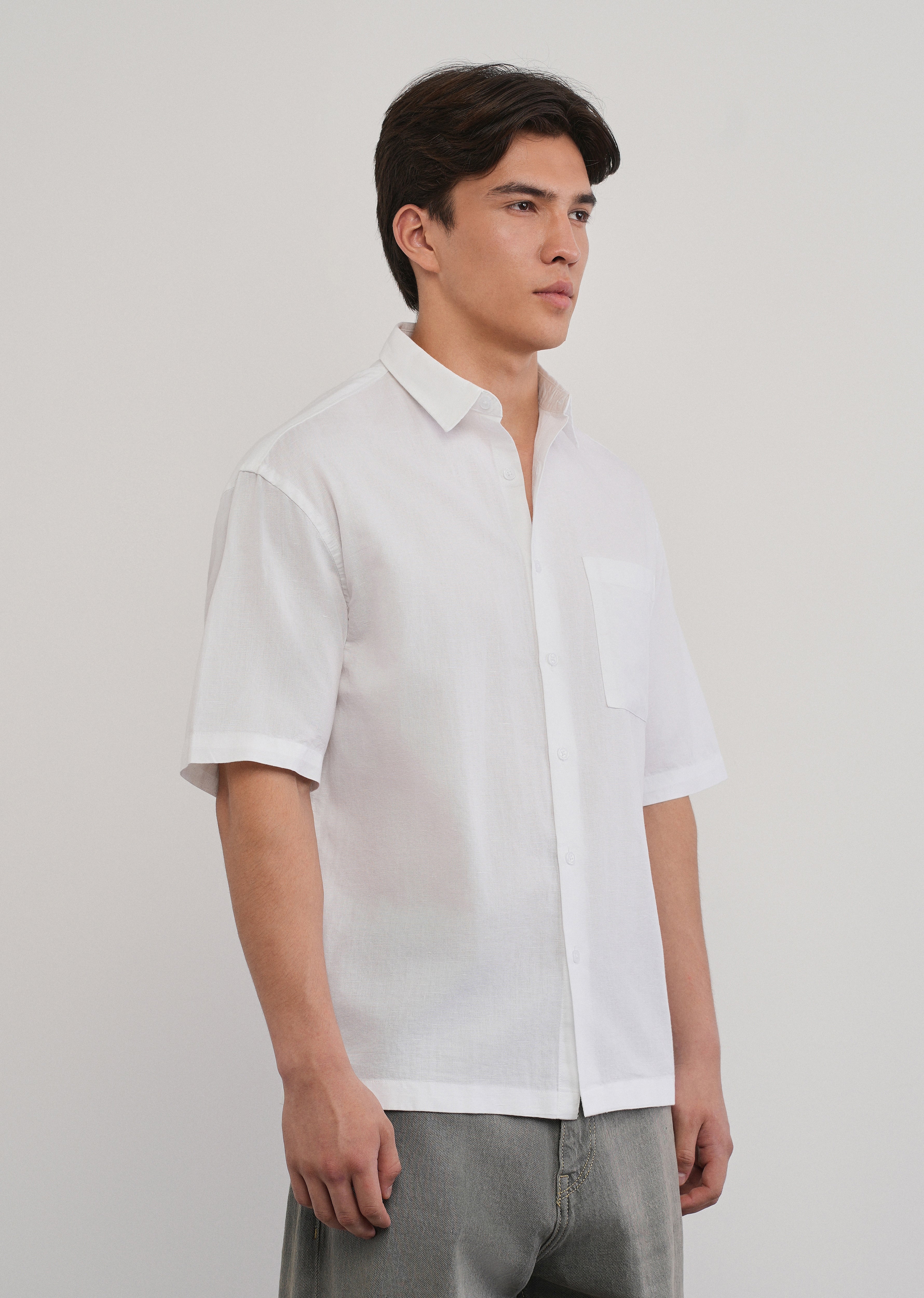 White Cotton Linen Half Sleeve Shirt