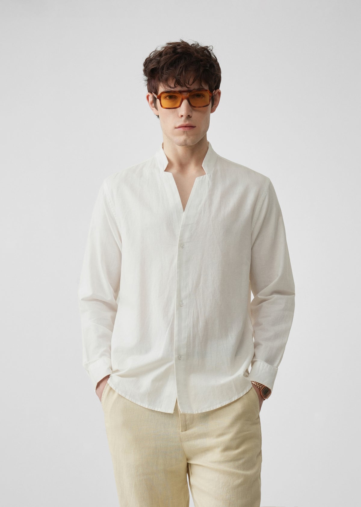 White Star Collar Cotton Linen Shirt