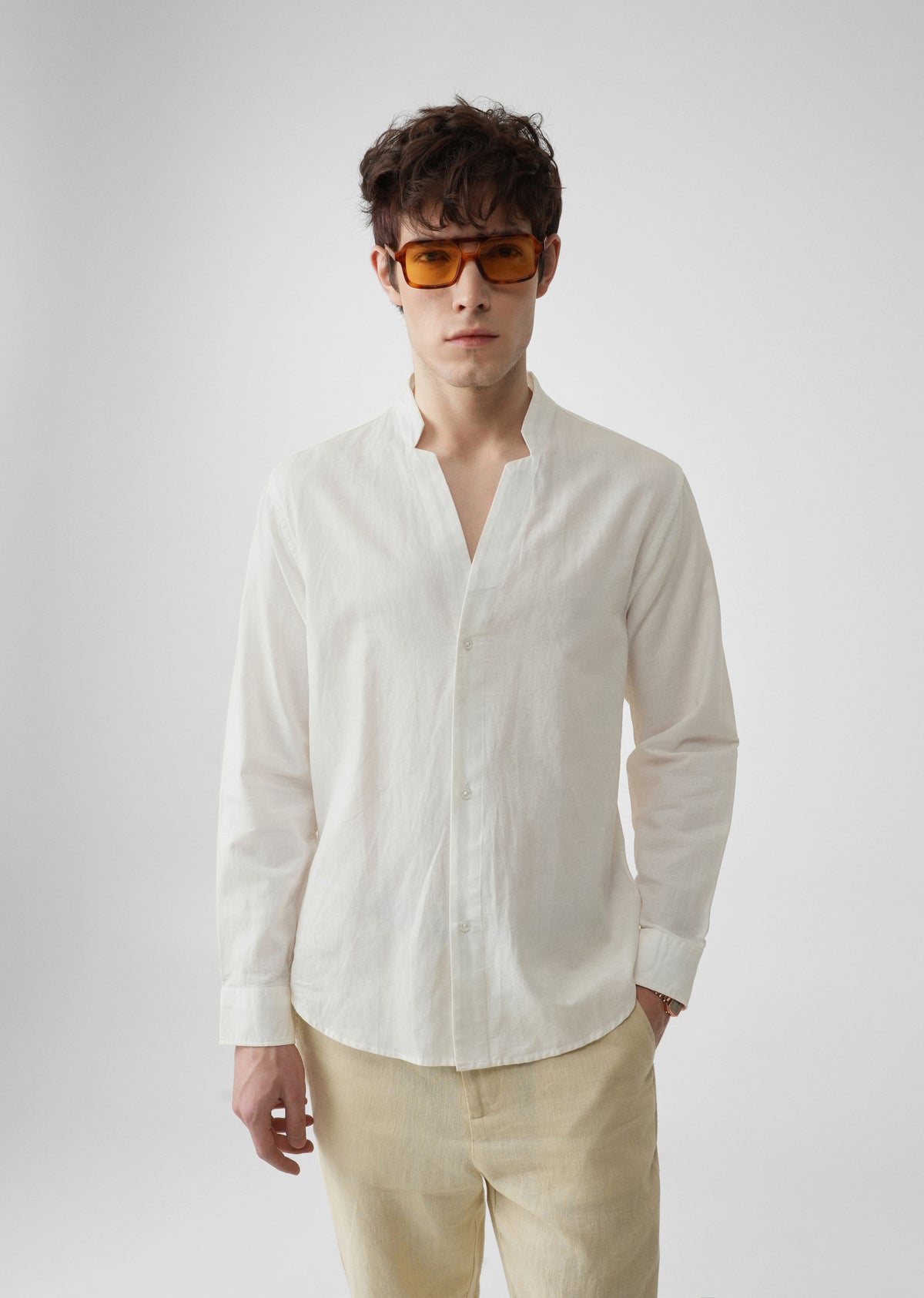 White Star Collar Cotton Linen Shirt