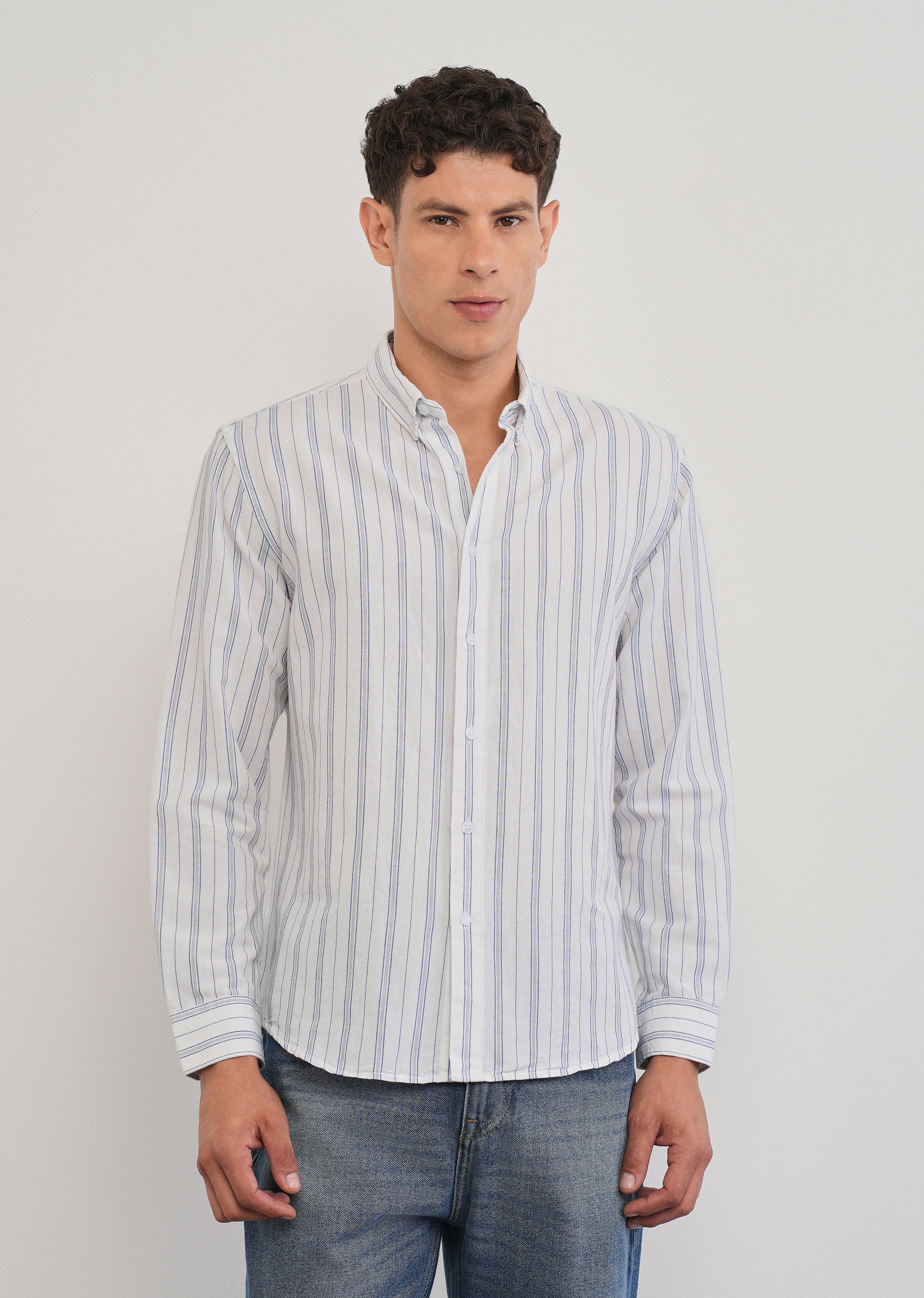 White Cotton Linen Stripe Shirt