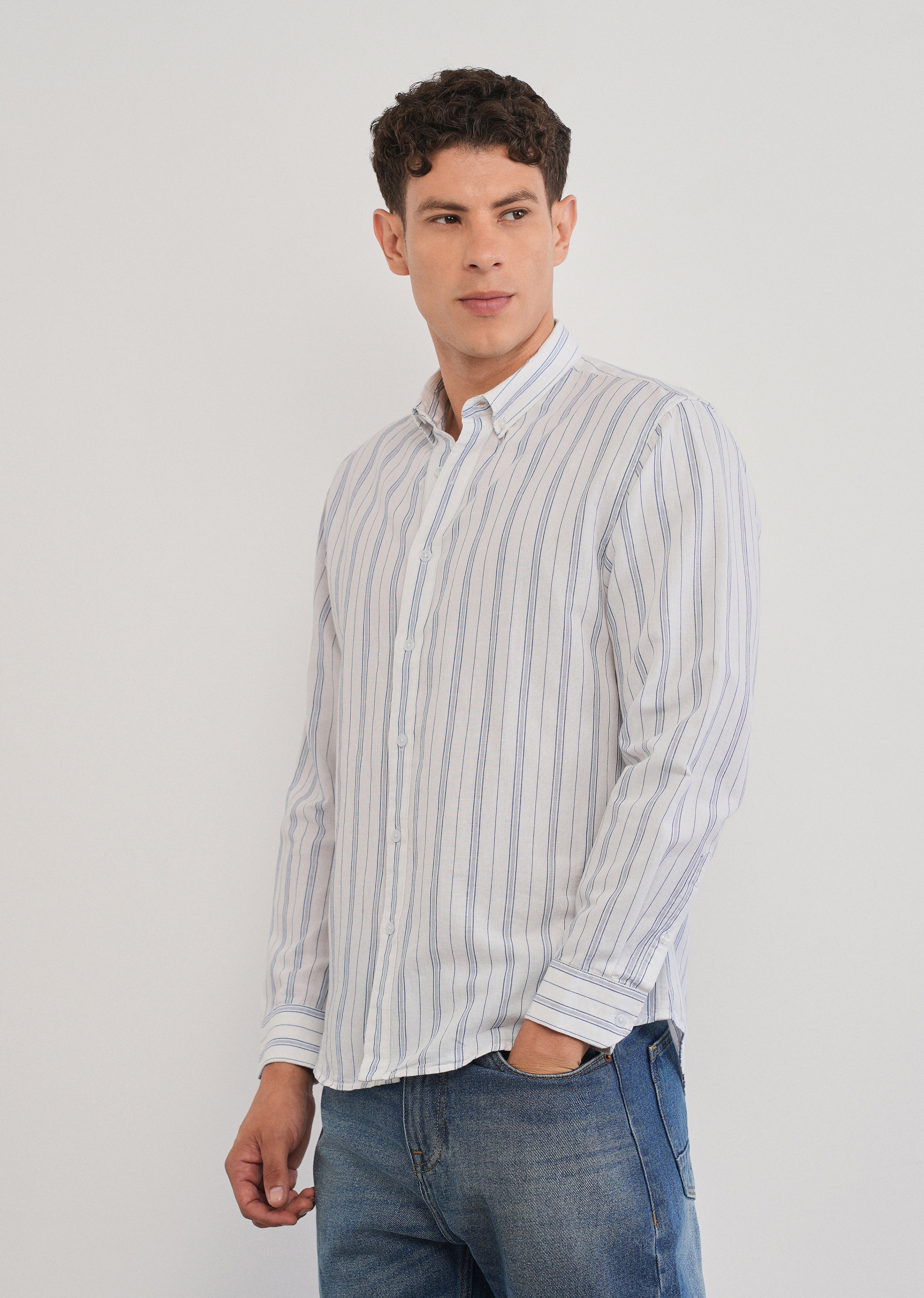 White Cotton Linen Stripe Shirt