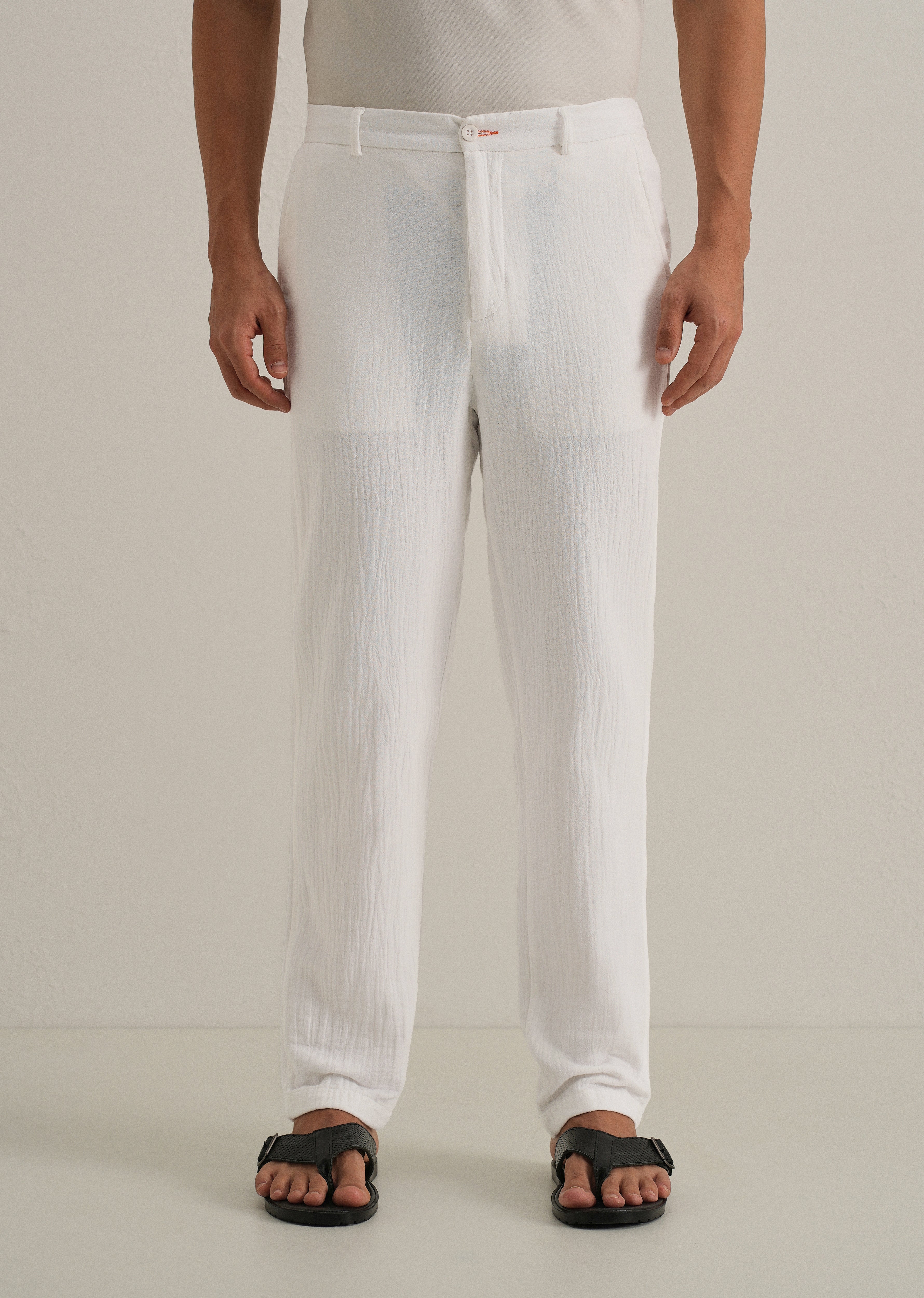 White Crinkled Cotton Trouser