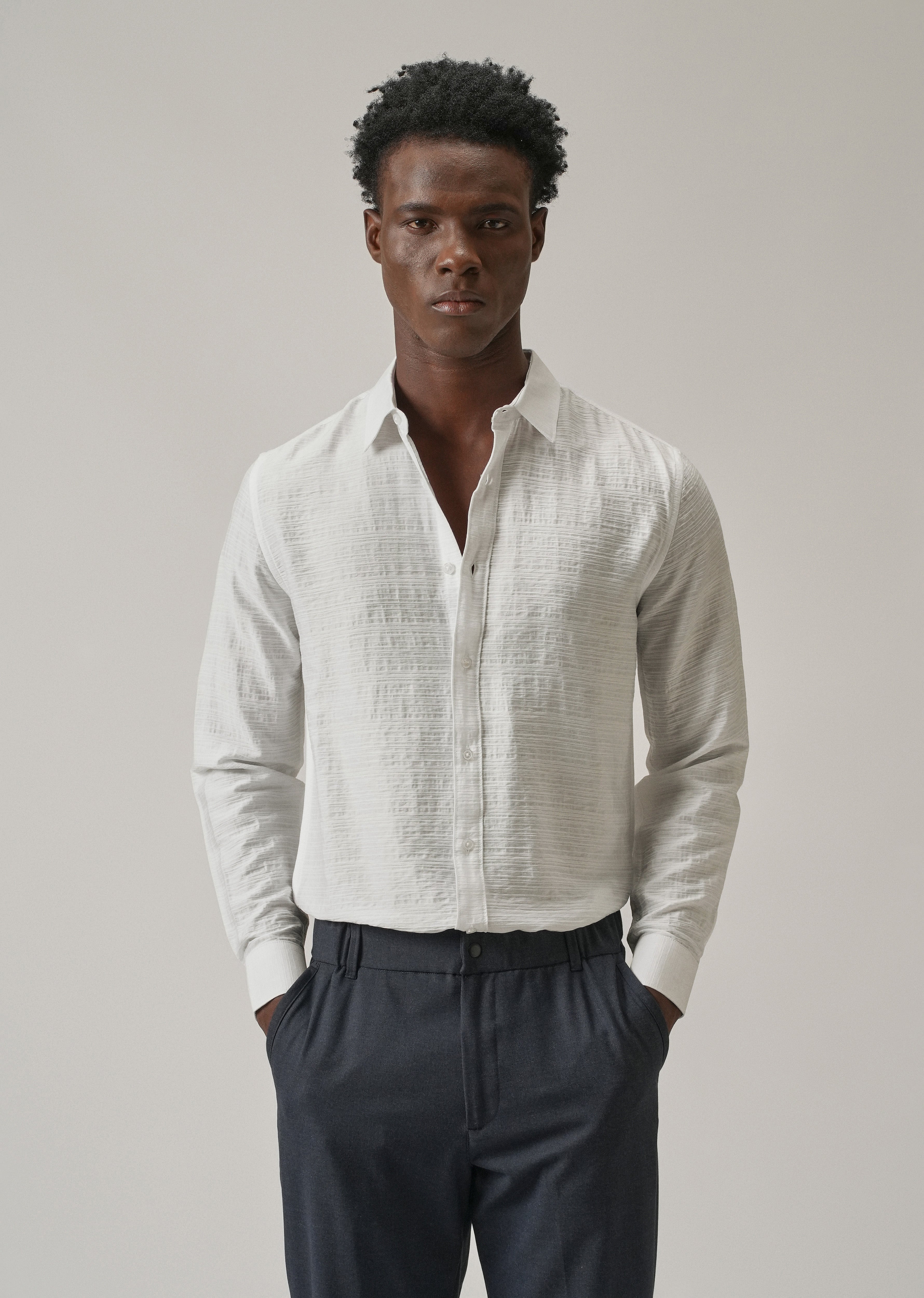 White Crushed Self Stripe Shirt