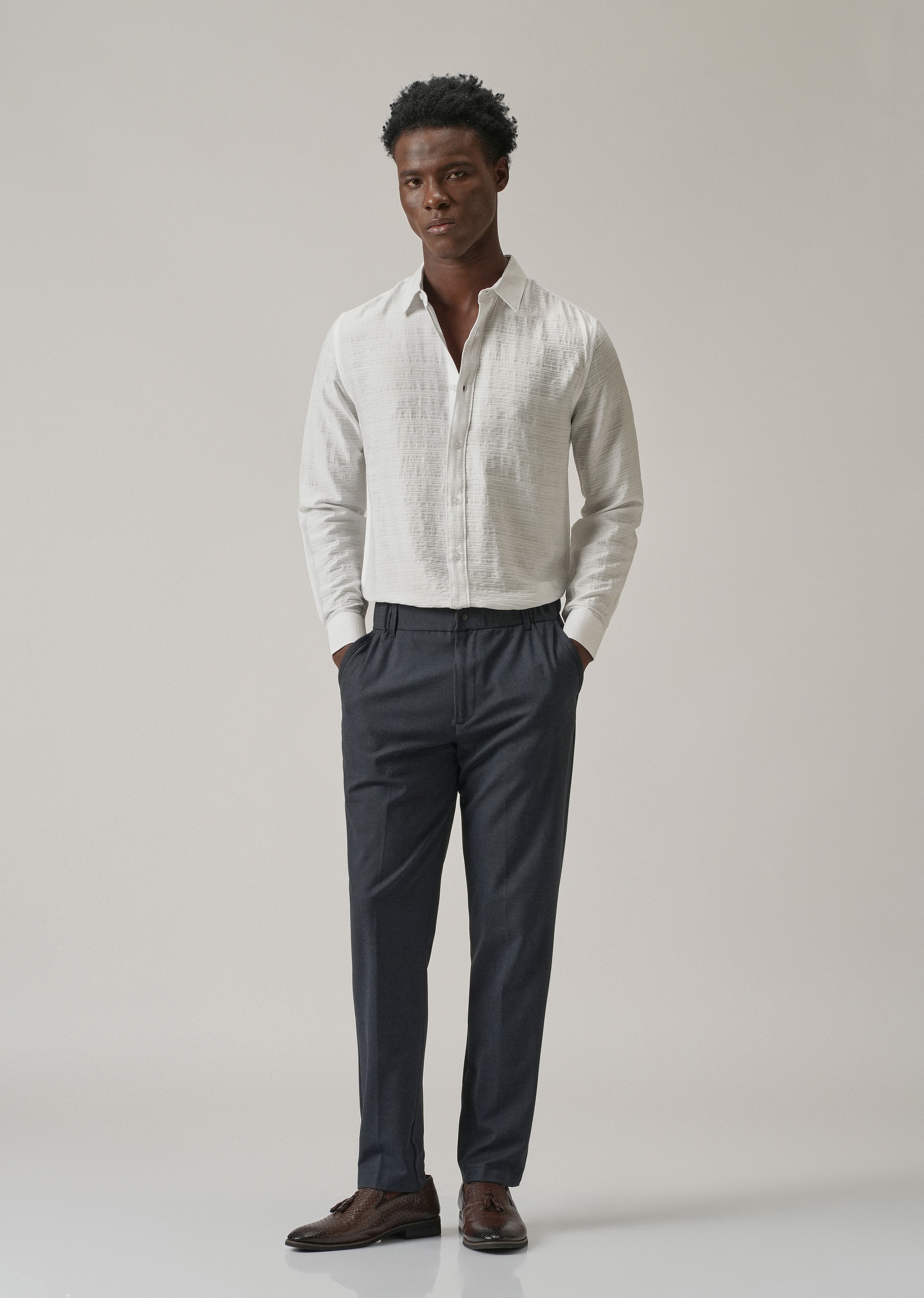White Crushed Self Stripe Shirt