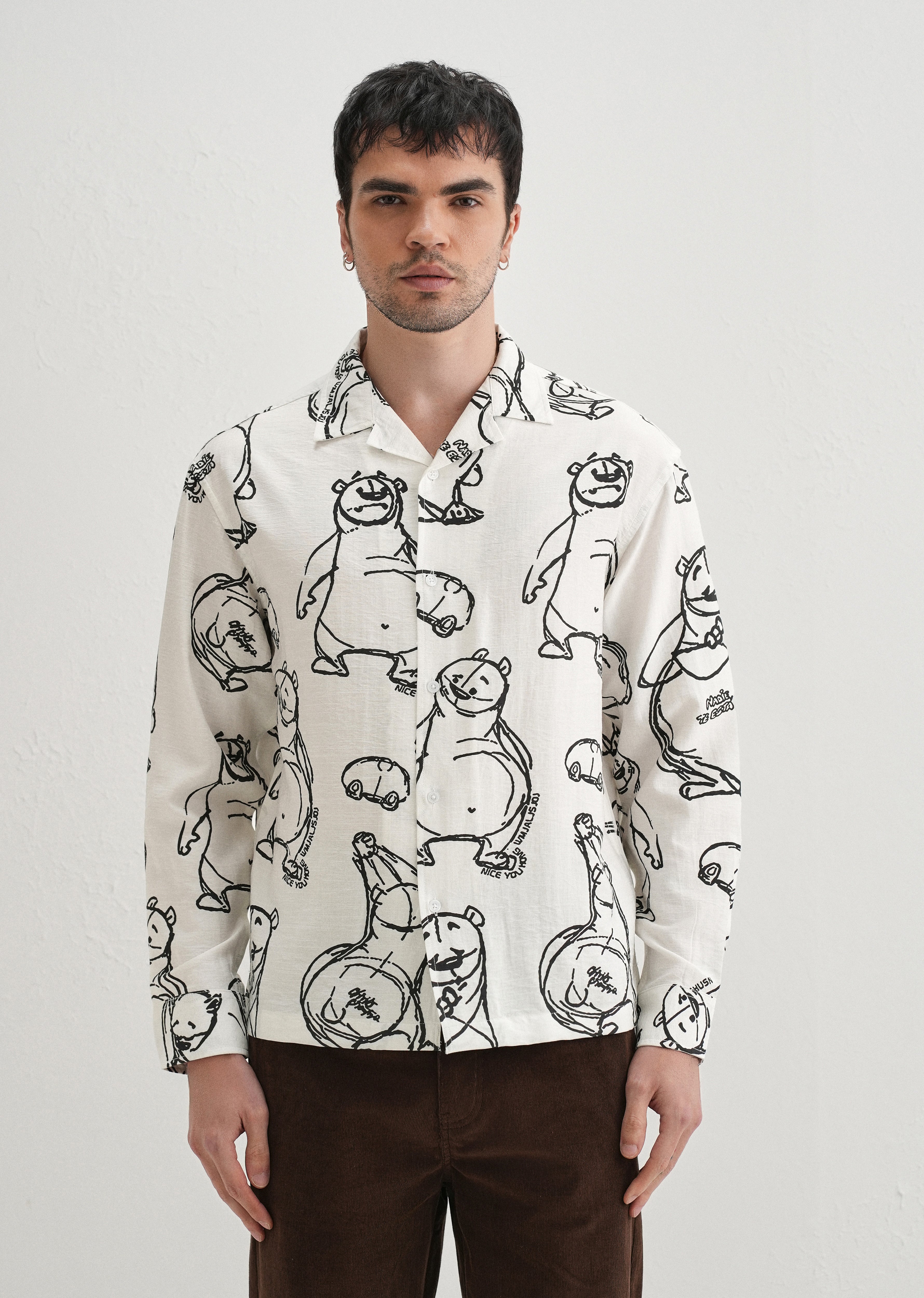 White Doodle Bear Printed Shirt
