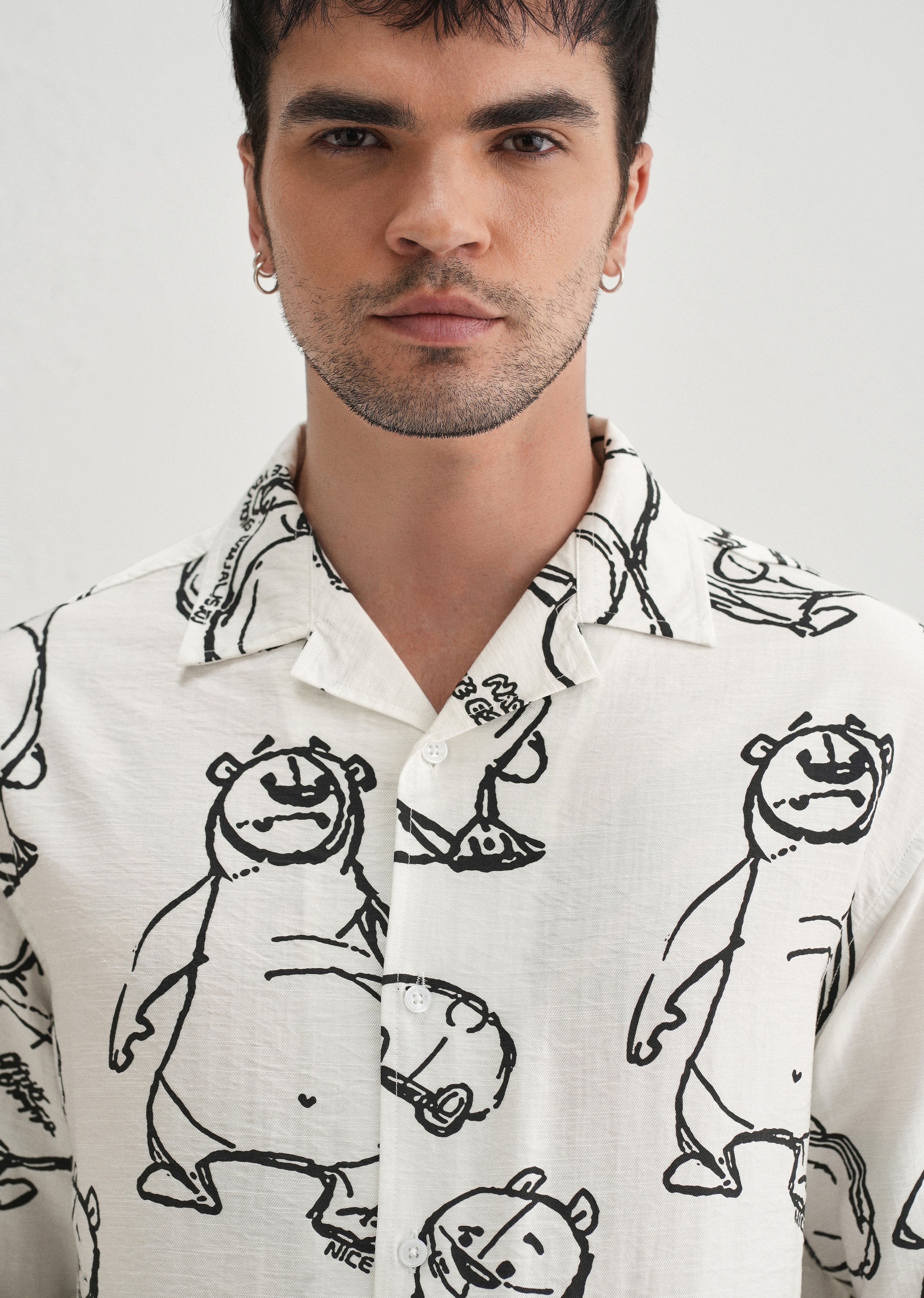 White Doodle Bear Printed Shirt