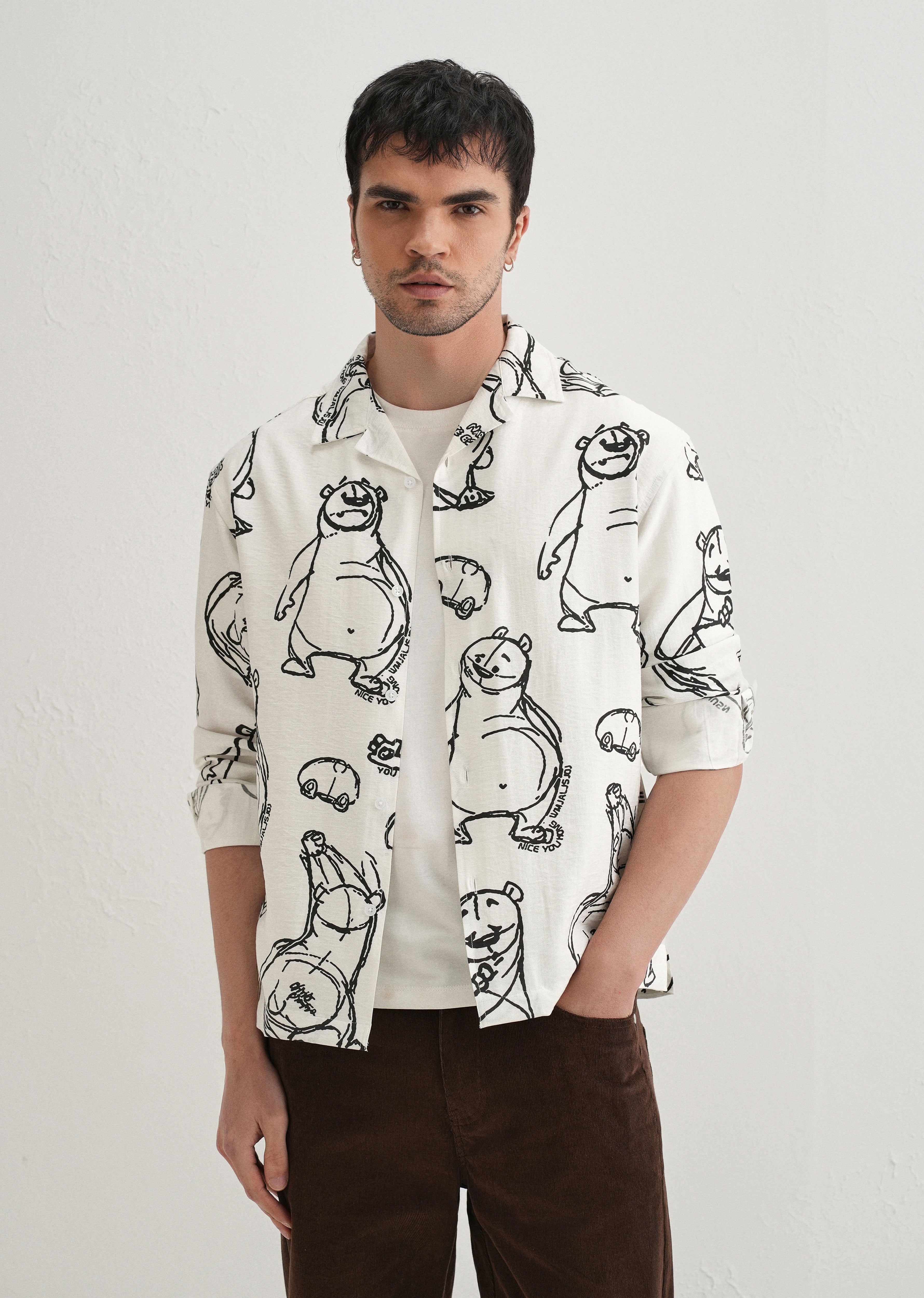 White Doodle Bear Printed Shirt
