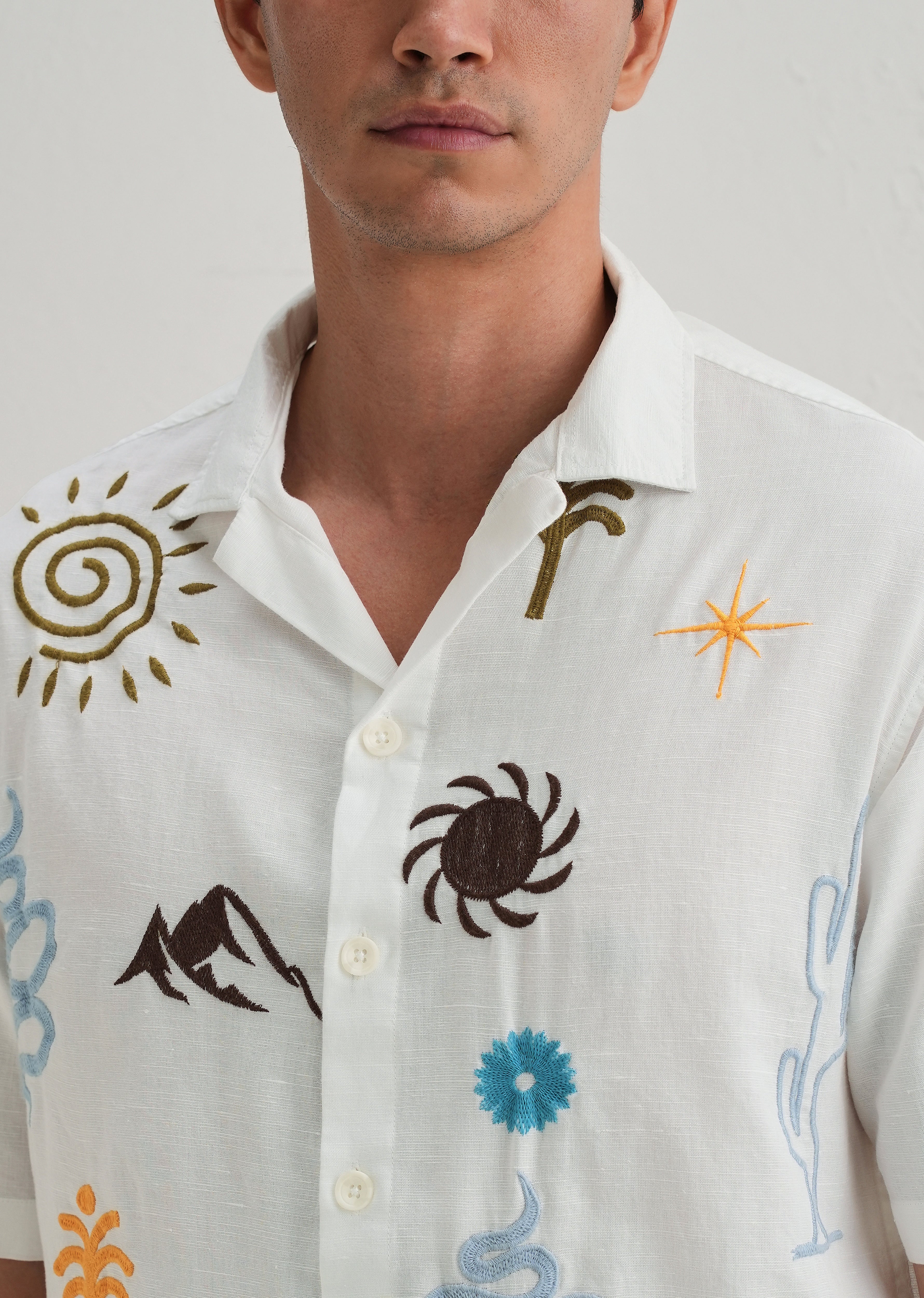 White Doodle Embroidery Cotton Linen Shirt