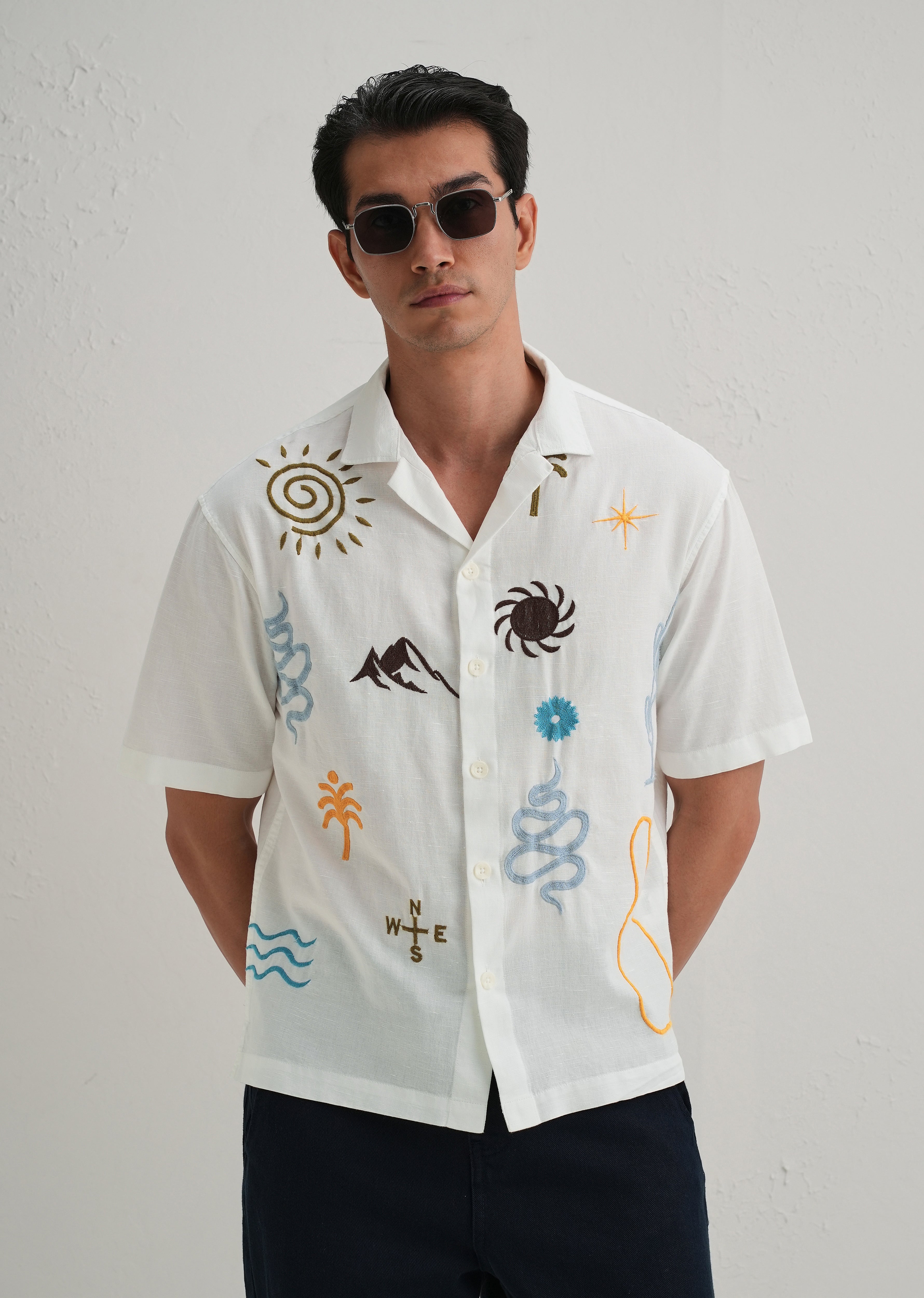 White Doodle Embroidery Cotton Linen Shirt