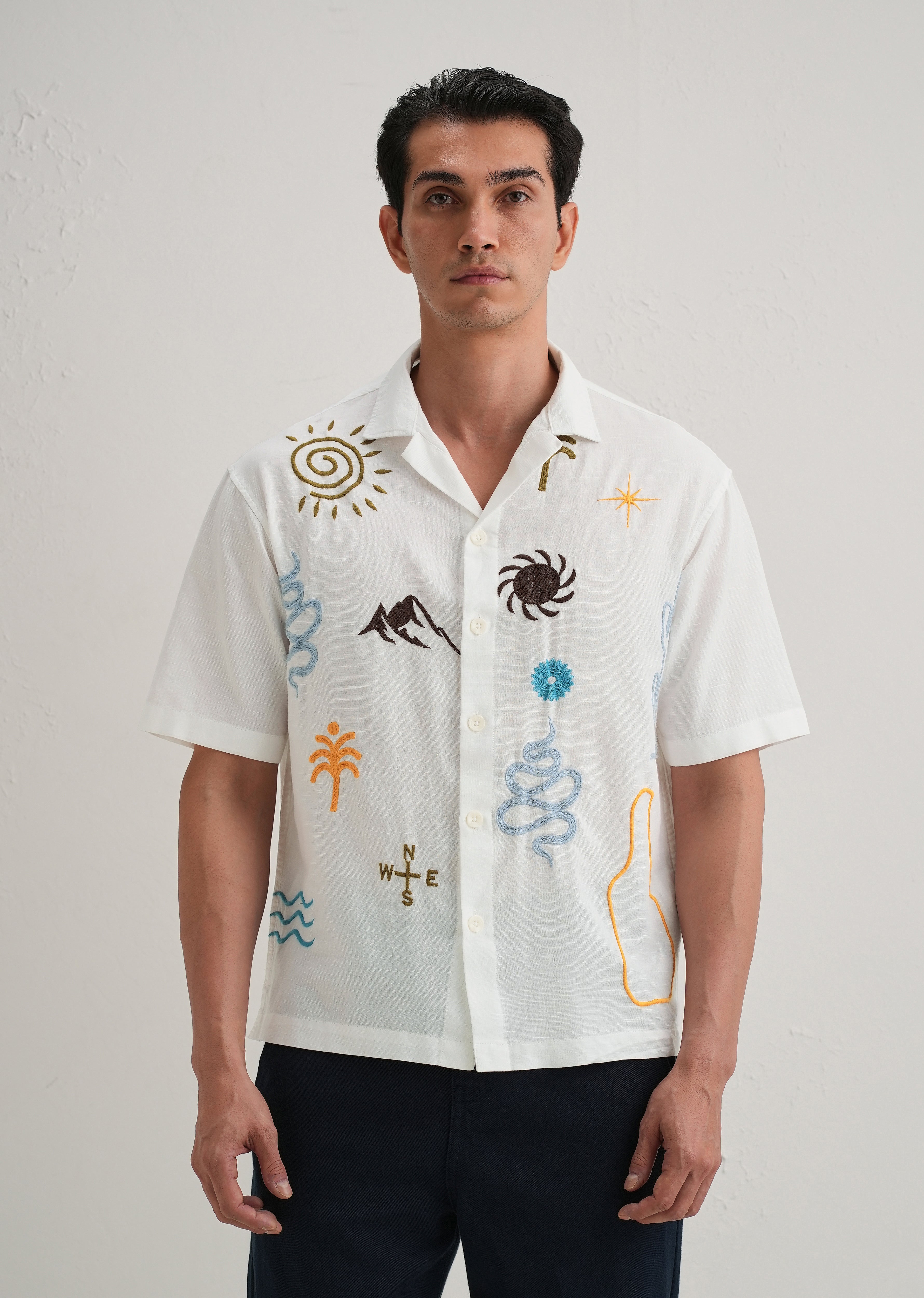 White Doodle Embroidery Cotton Linen Shirt