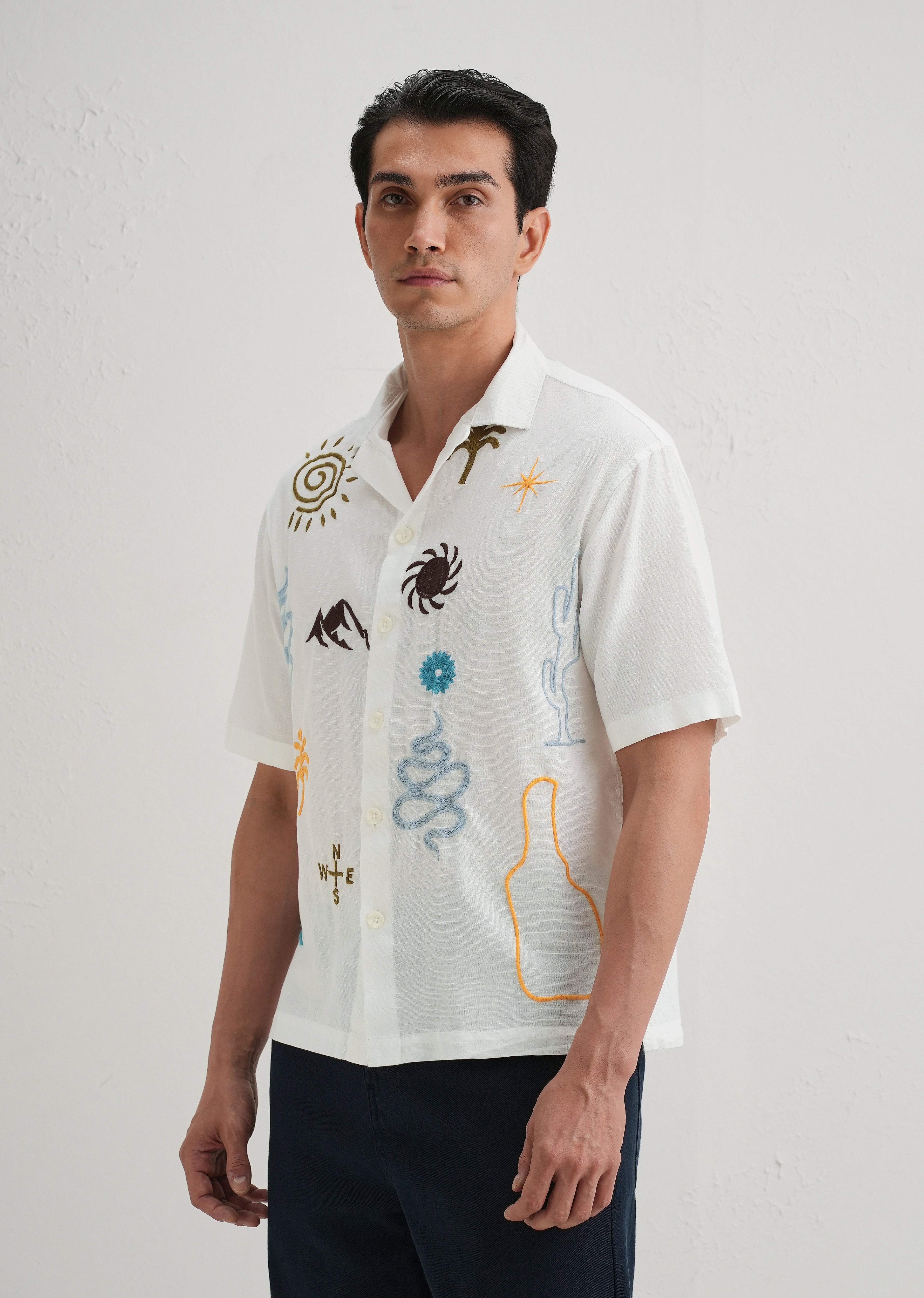 White Doodle Embroidery Cotton Linen Shirt