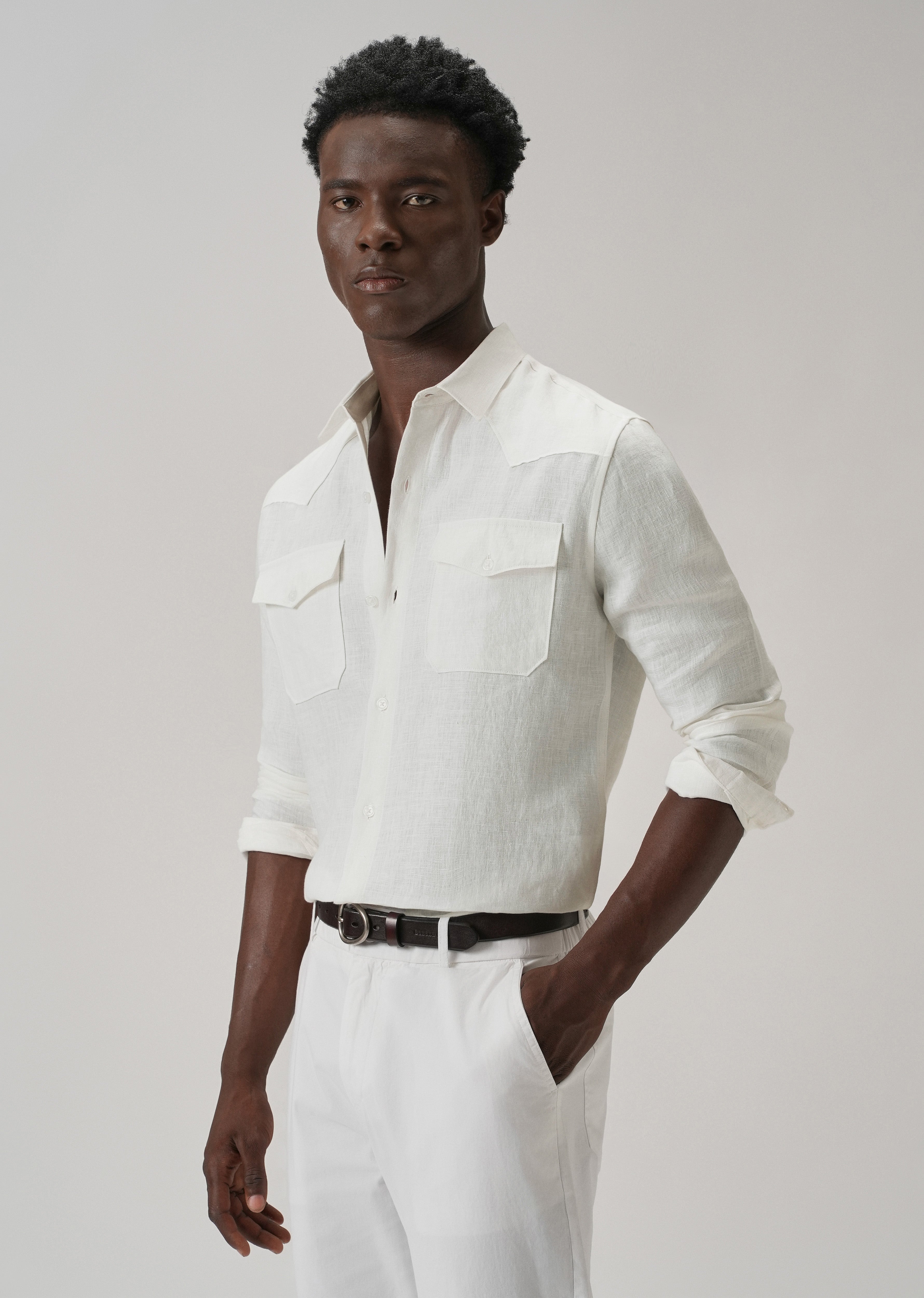 White Double Pocket 100% Pure Irish Linen Shirt