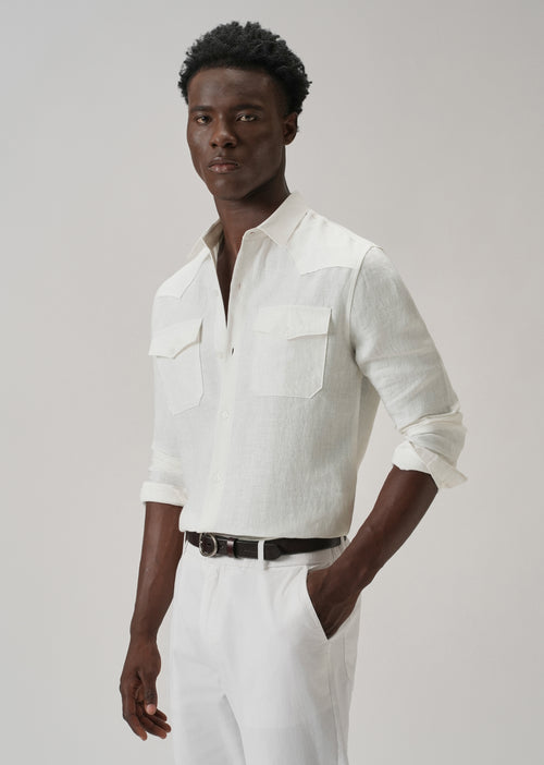 White Double Pocket 100% Pure Irish Linen Shirt