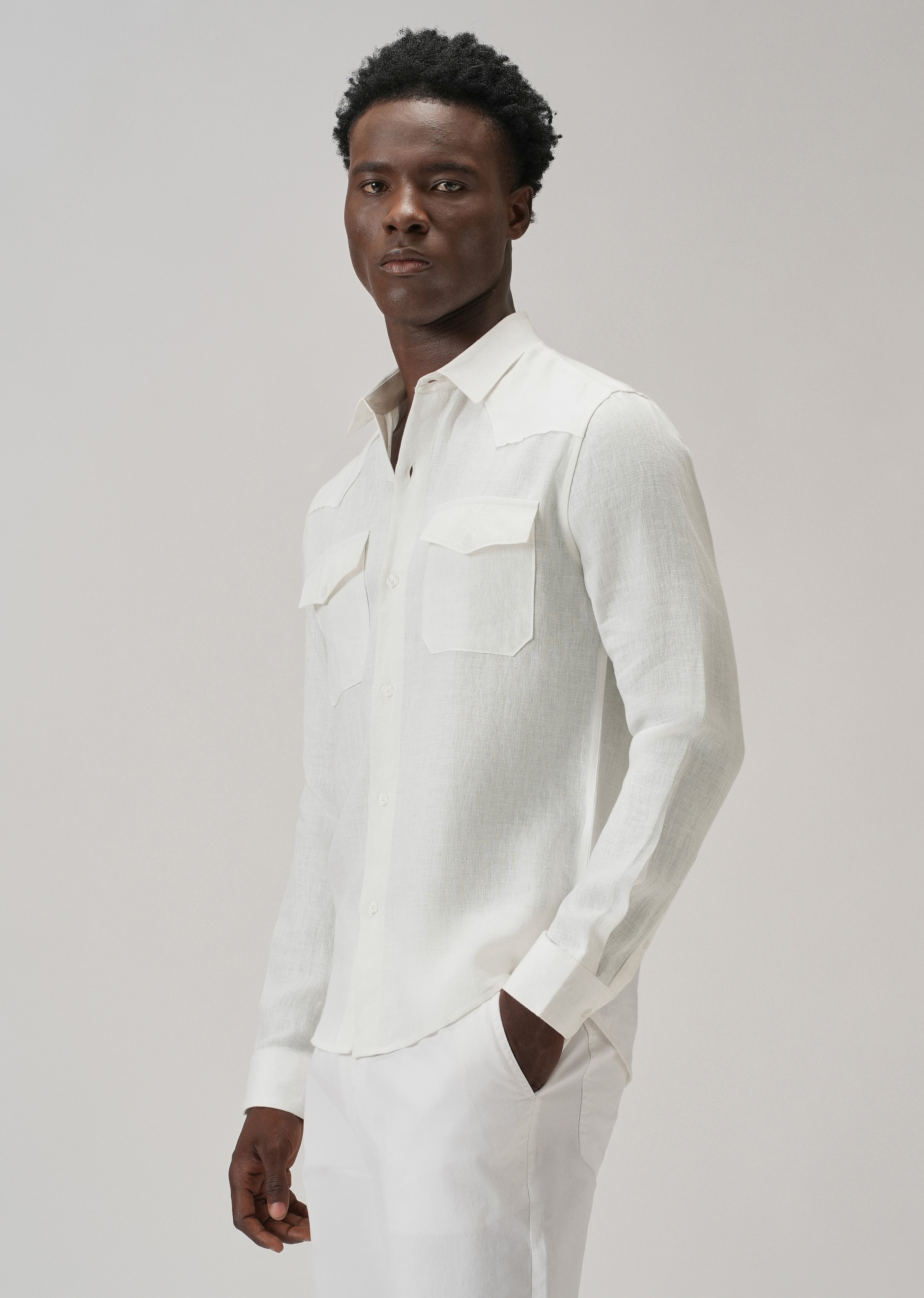 White Double Pocket 100% Pure Irish Linen Shirt