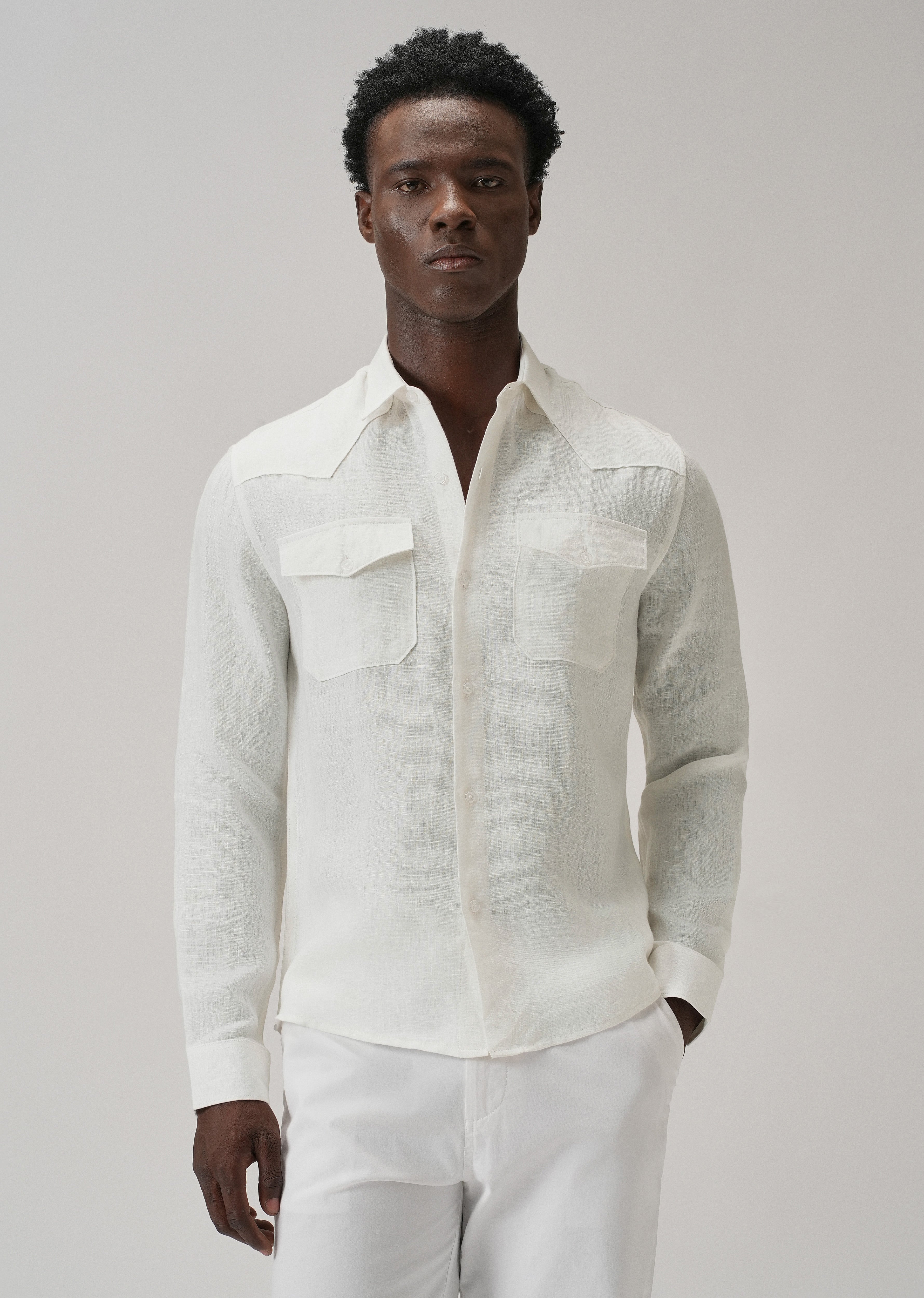 White Double Pocket 100% Pure Irish Linen Shirt