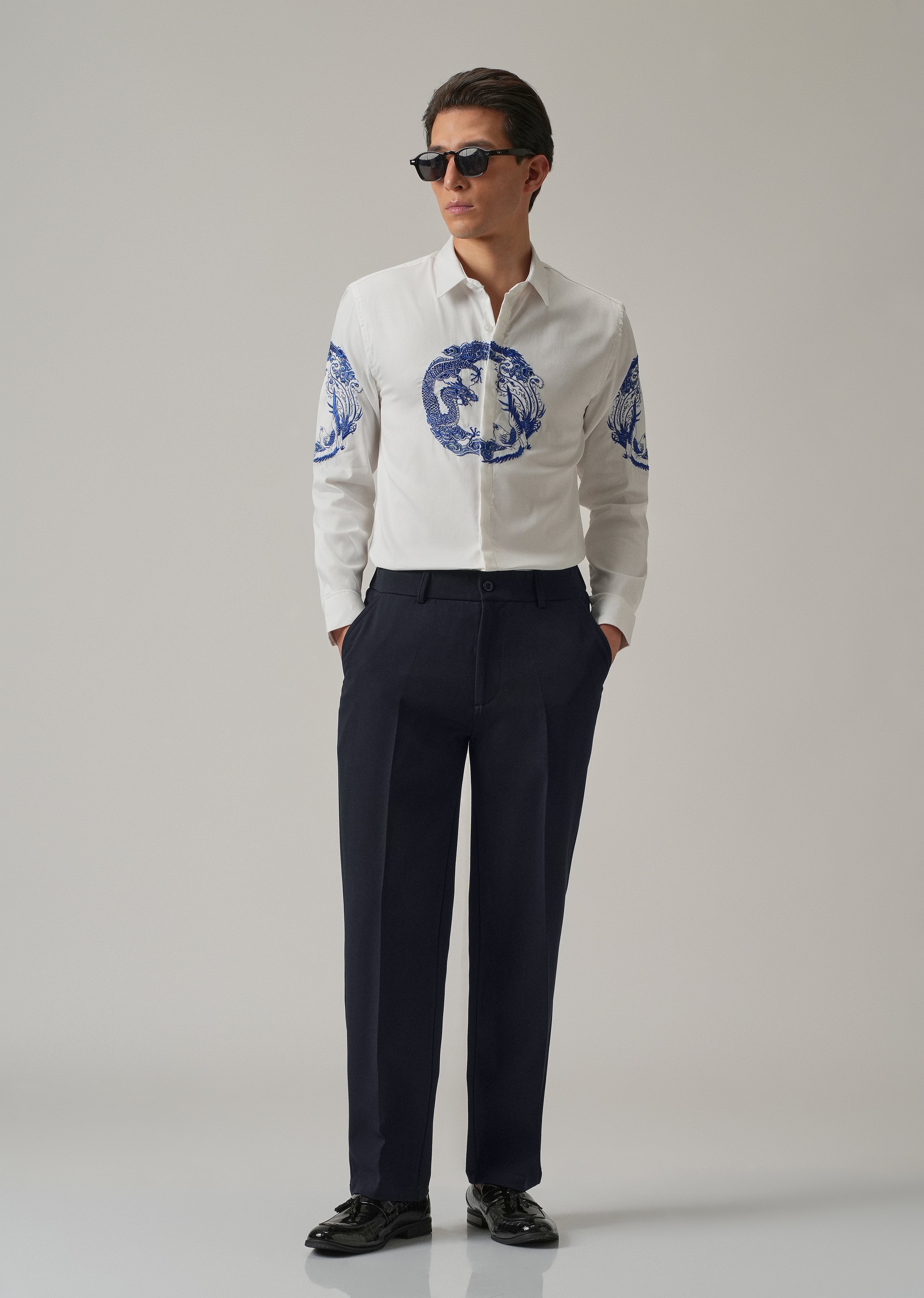 White Dragon and Phoenix Embroidery Designer Shirt