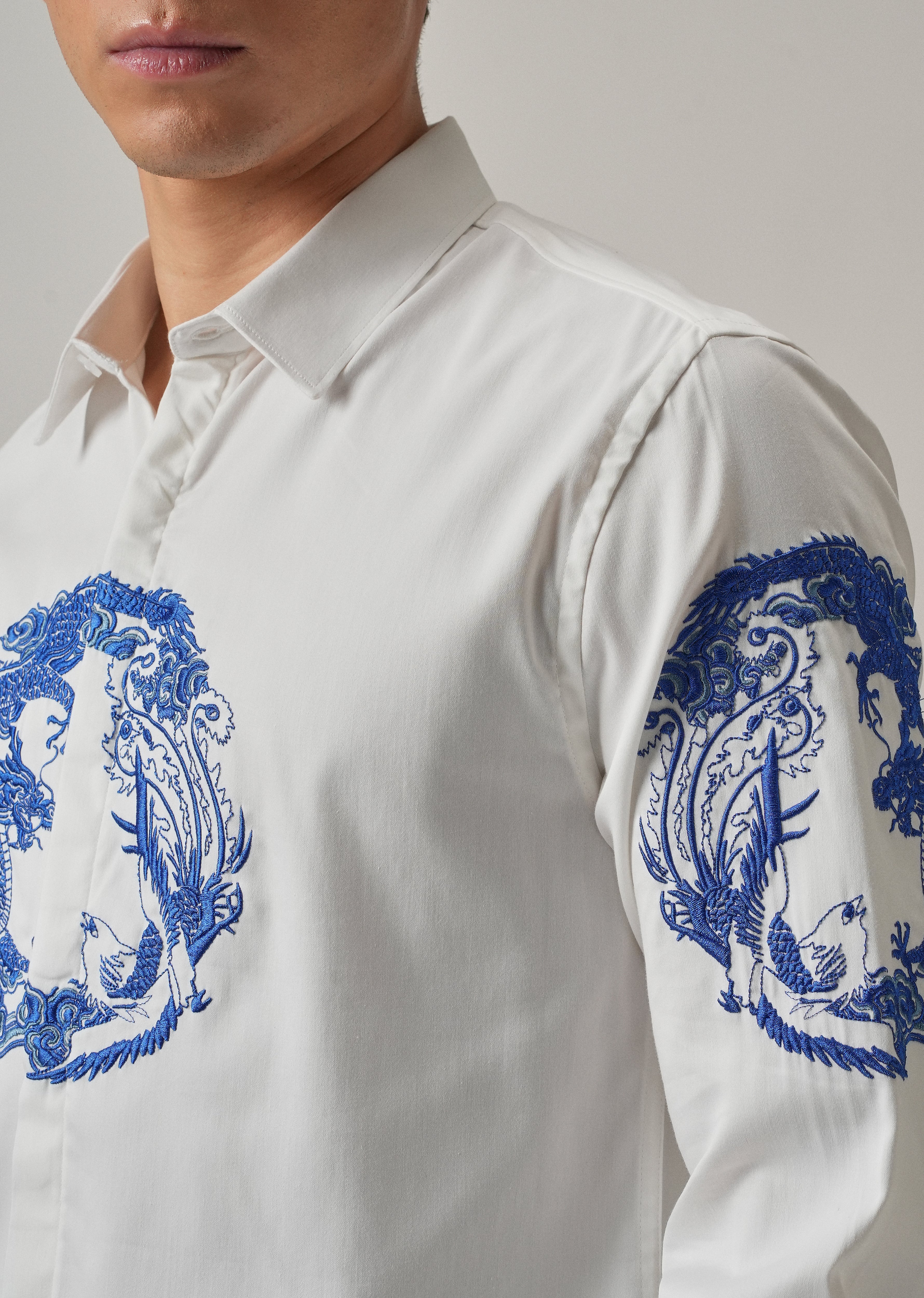 White Dragon and Phoenix Embroidery Designer Shirt