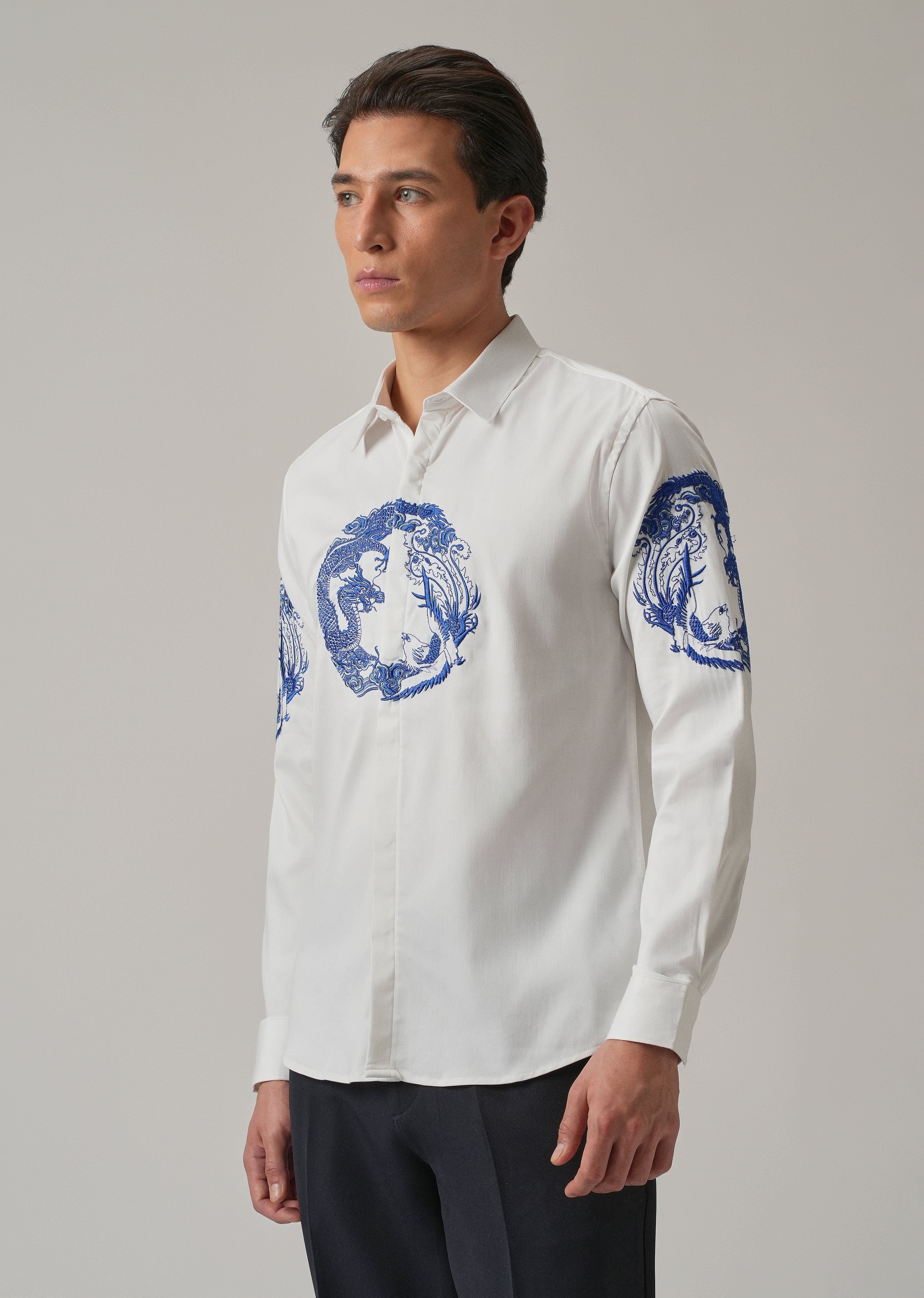 White Dragon and Phoenix Embroidery Designer Shirt