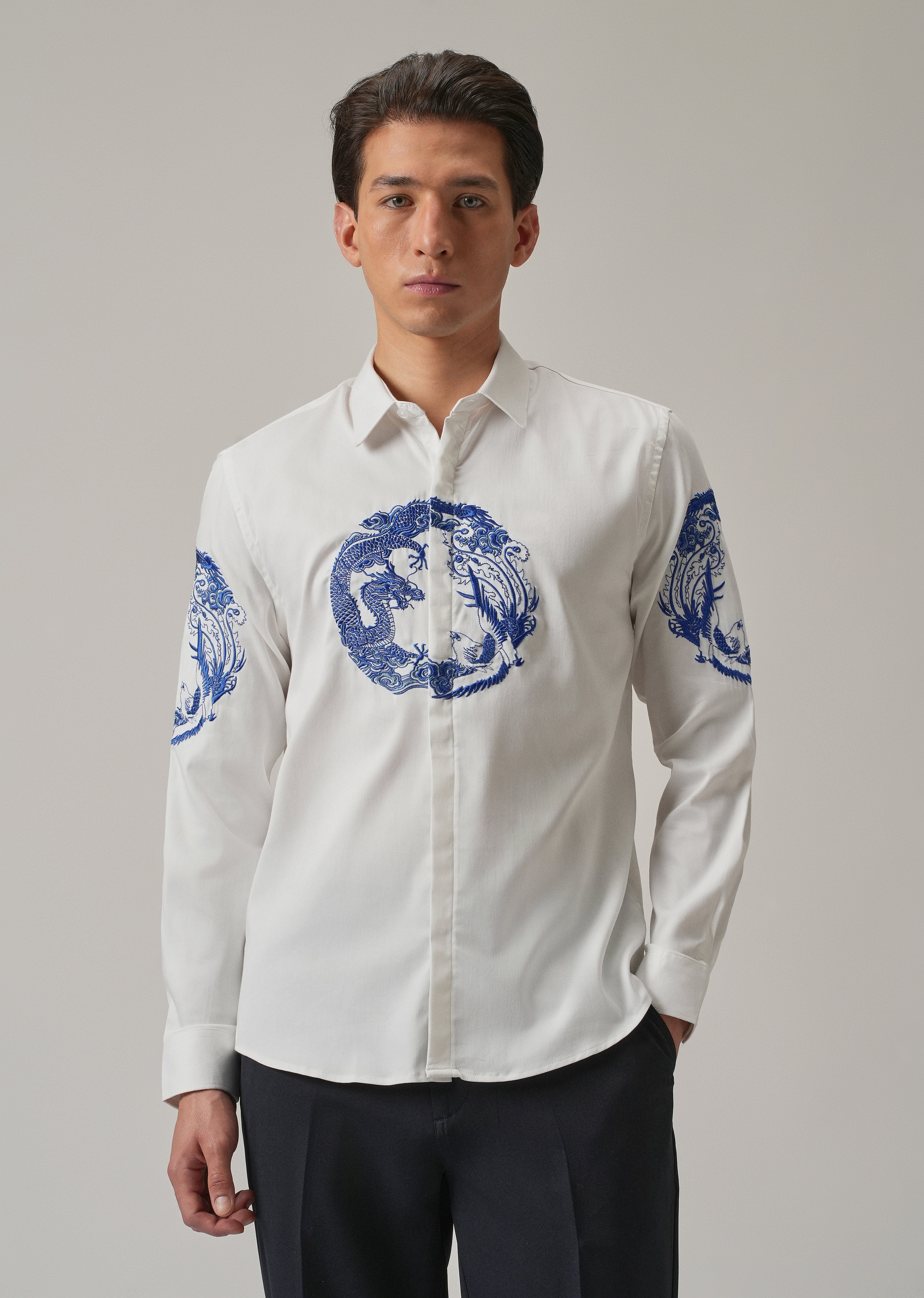 White Dragon and Phoenix Embroidery Designer Shirt