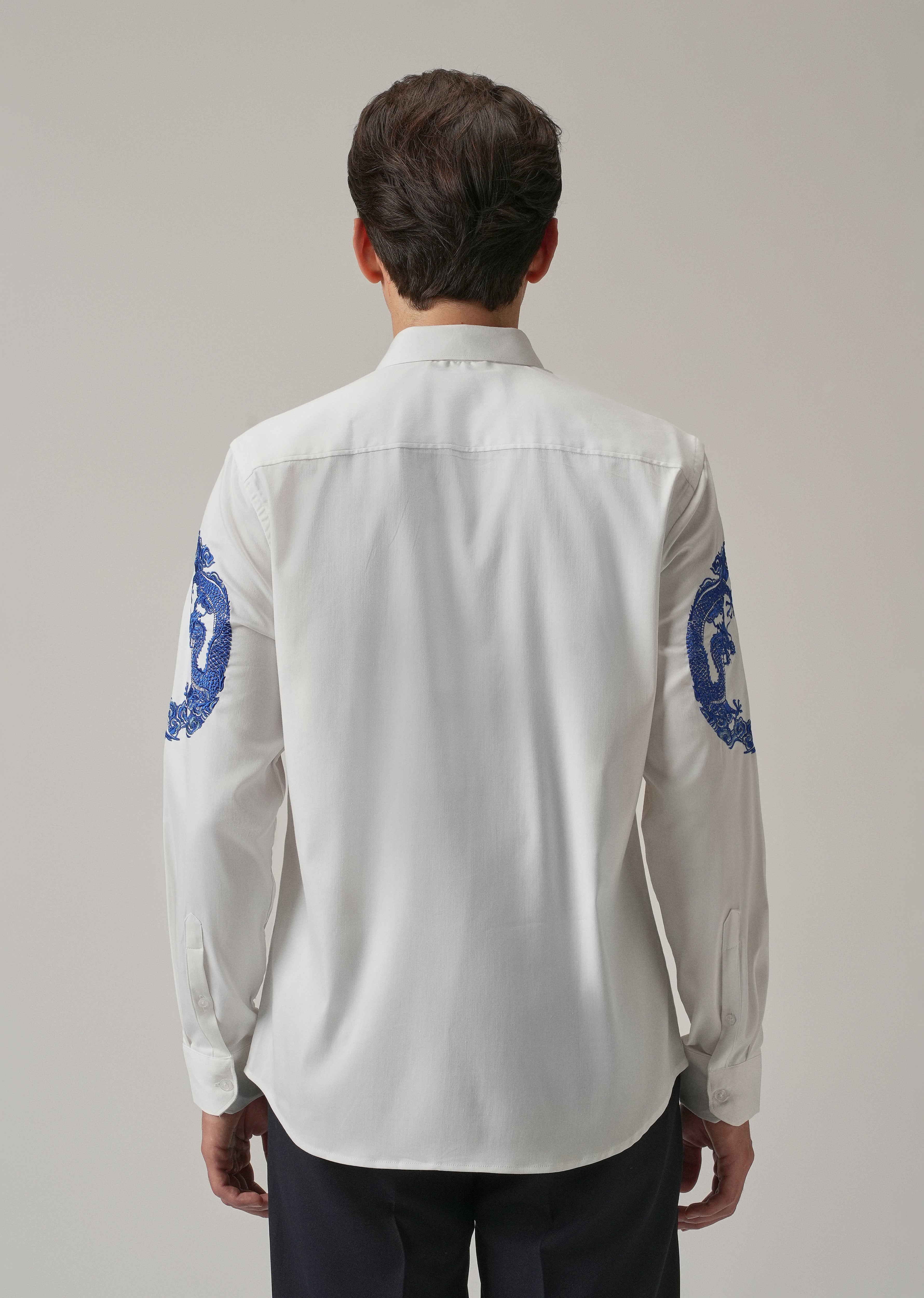 White Dragon and Phoenix Embroidery Designer Shirt