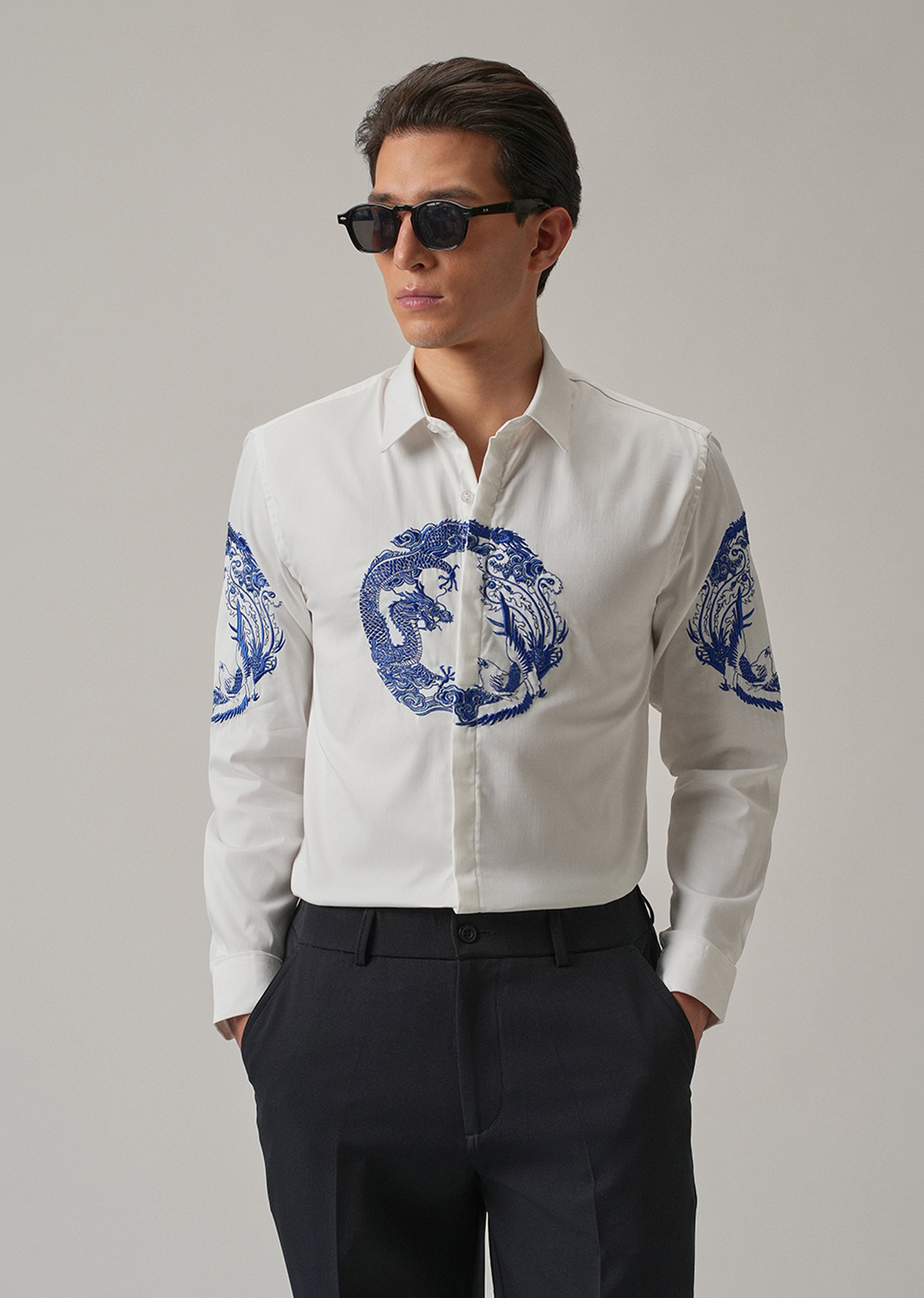 White Dragon and Phoenix Embroidery Designer Shirt