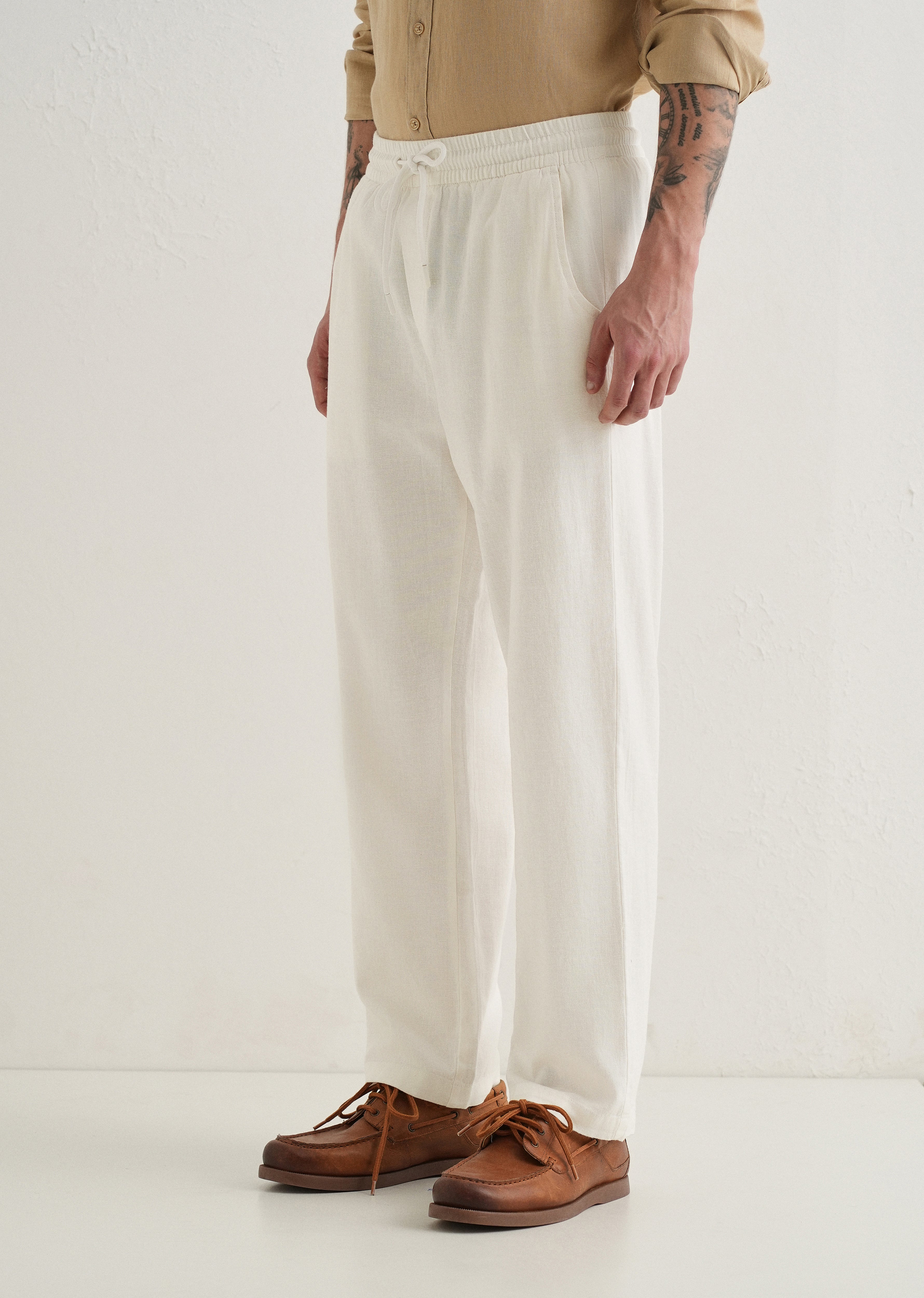 White Drawstring Linen Pant