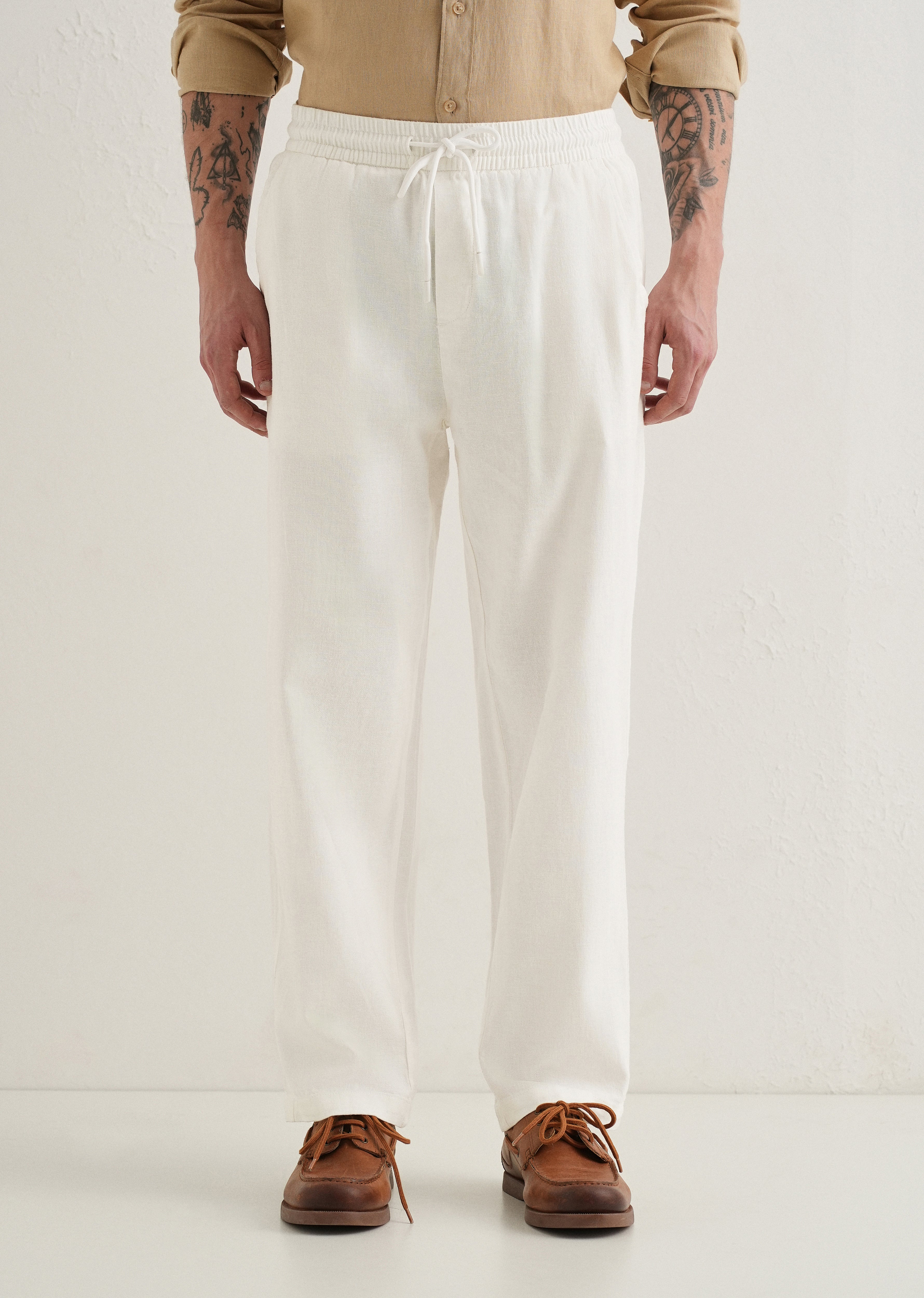 White Drawstring Linen Pant