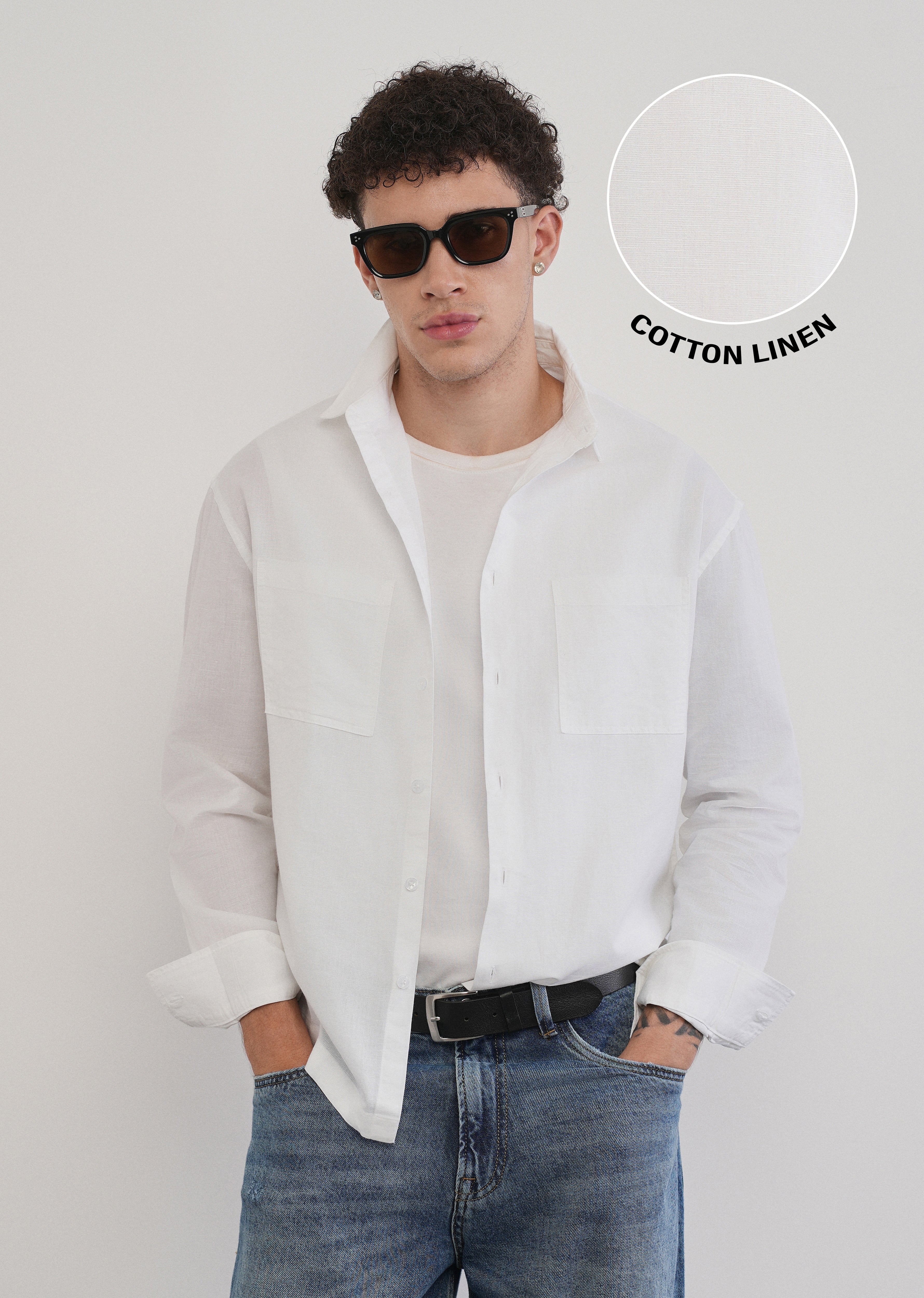 White Dual Pocket Cotton Linen Shirt