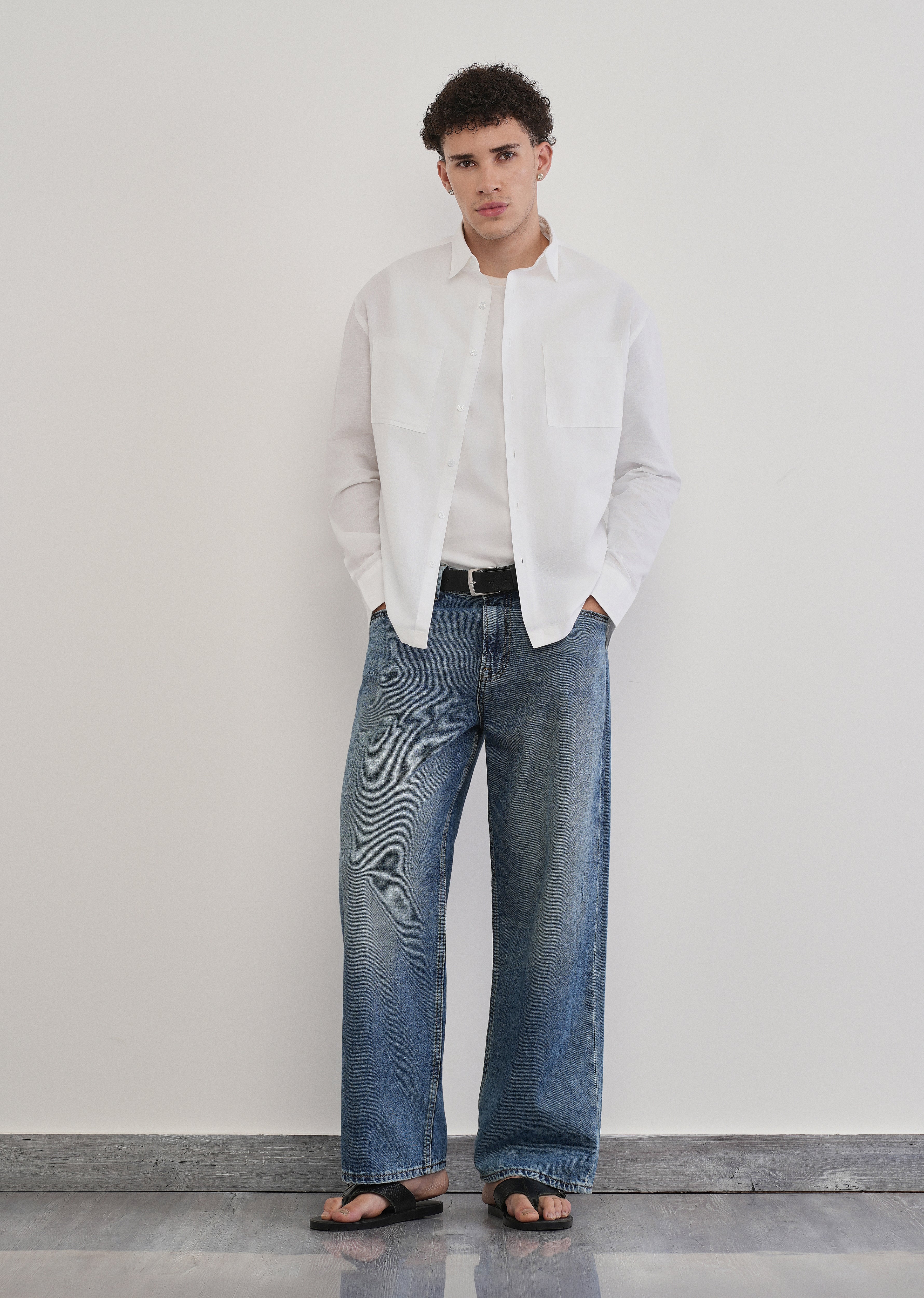 White Dual Pocket Cotton Linen Shirt
