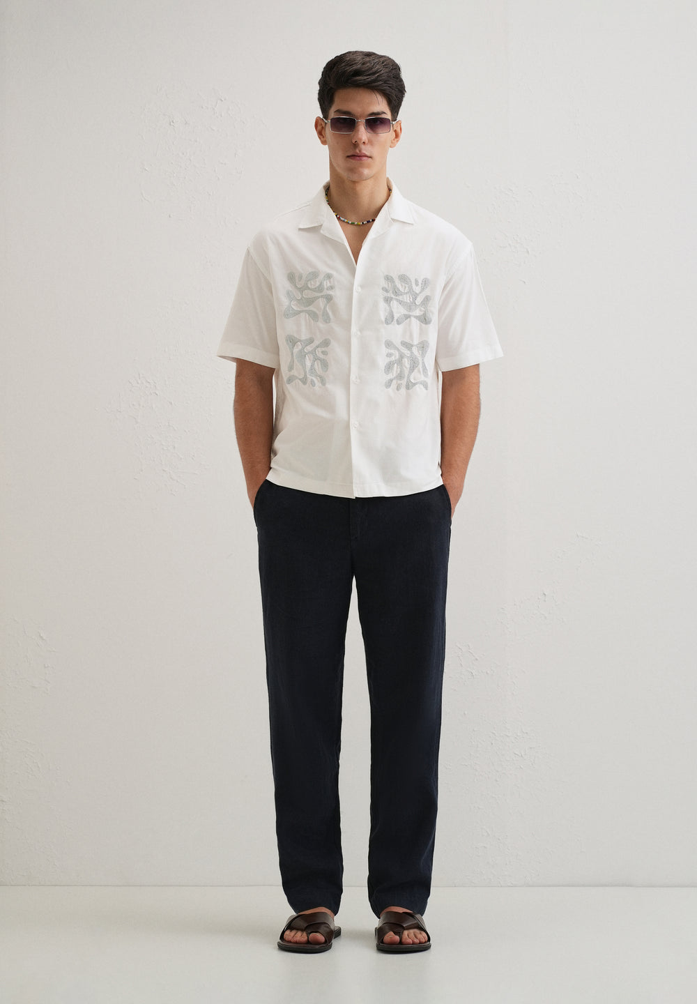 White Embroidery Cuban Collar Cotton Shirt