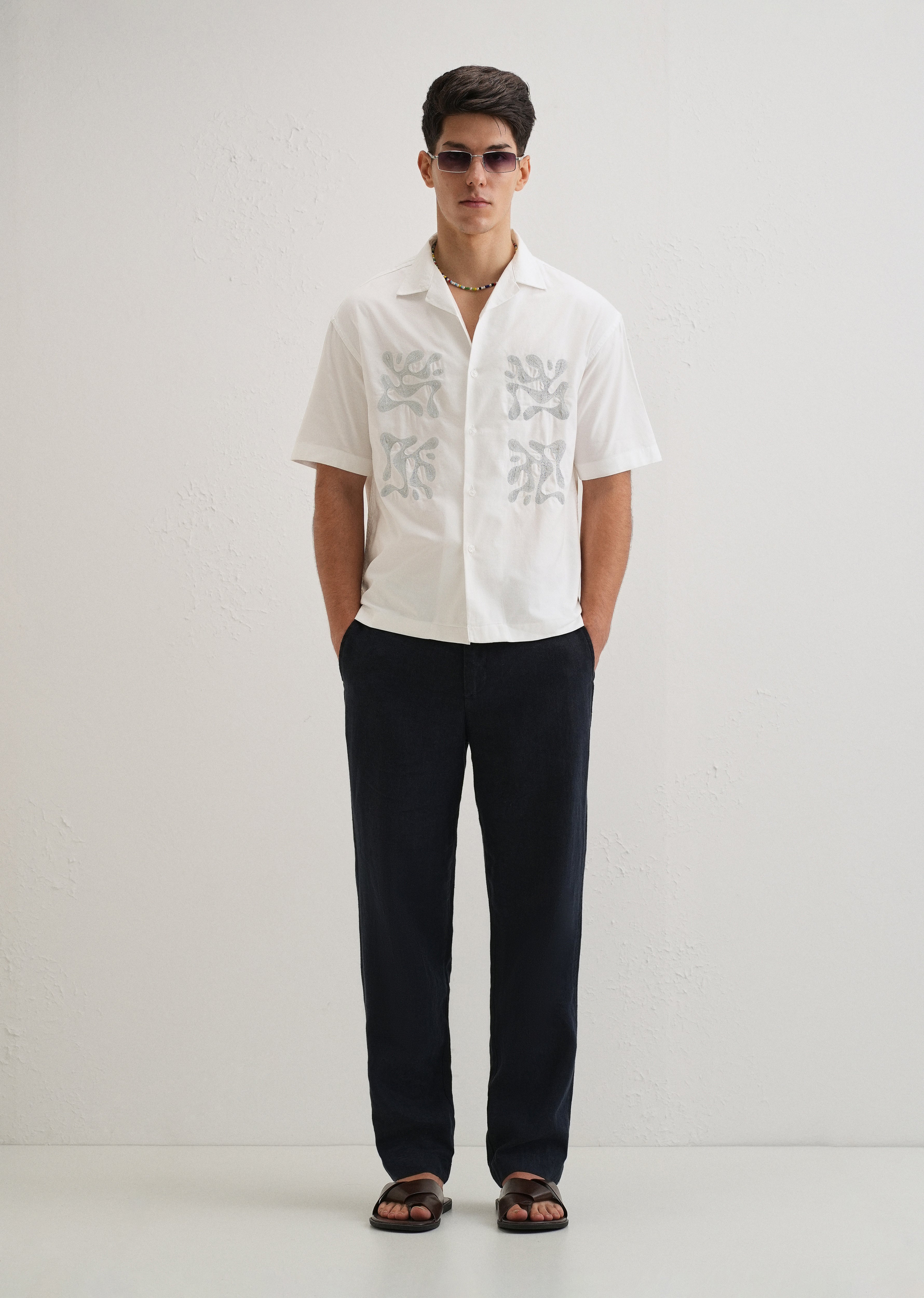 White Embroidery Cuban Collar Cotton Shirt