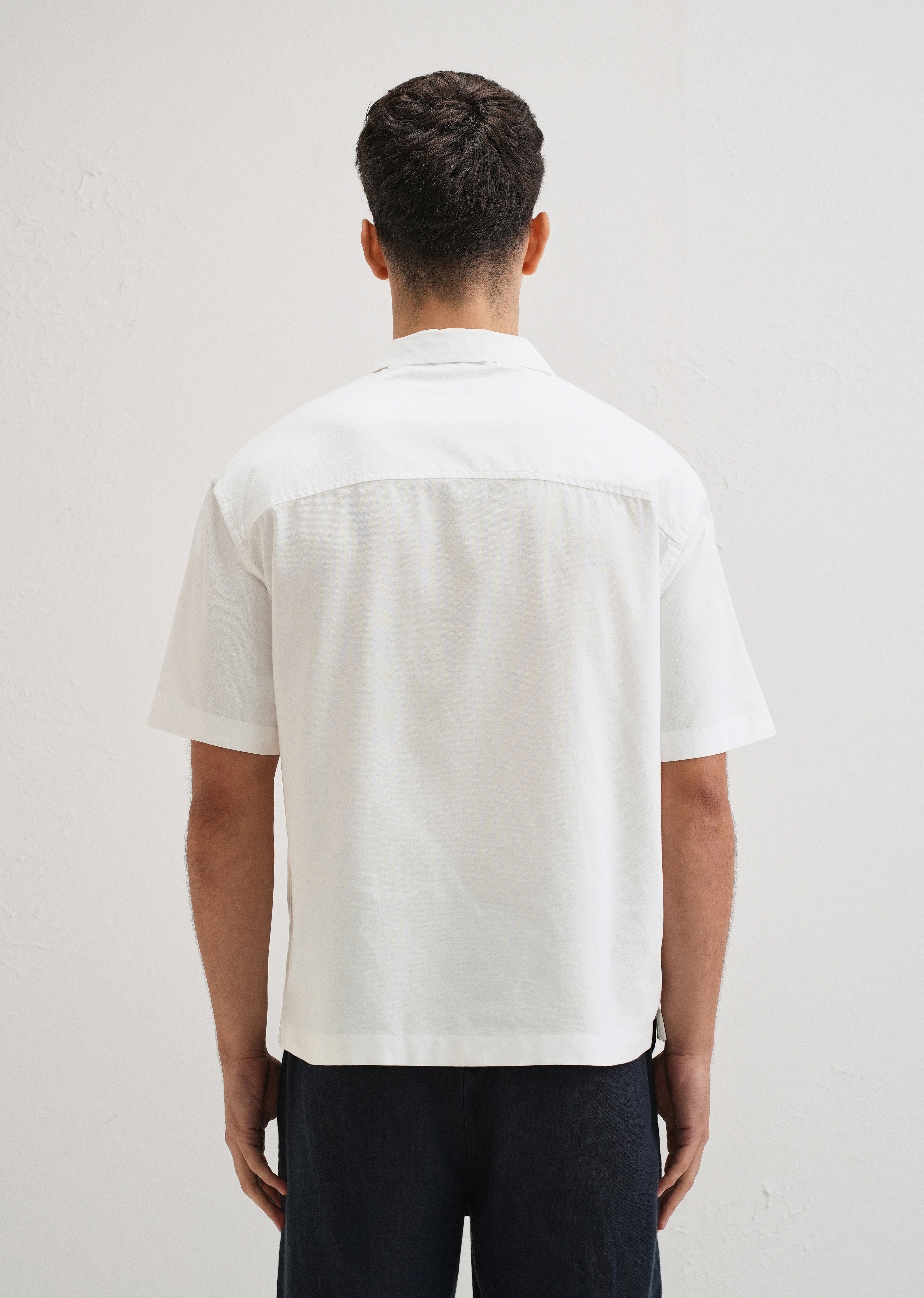 White Embroidery Cuban Collar Cotton Shirt