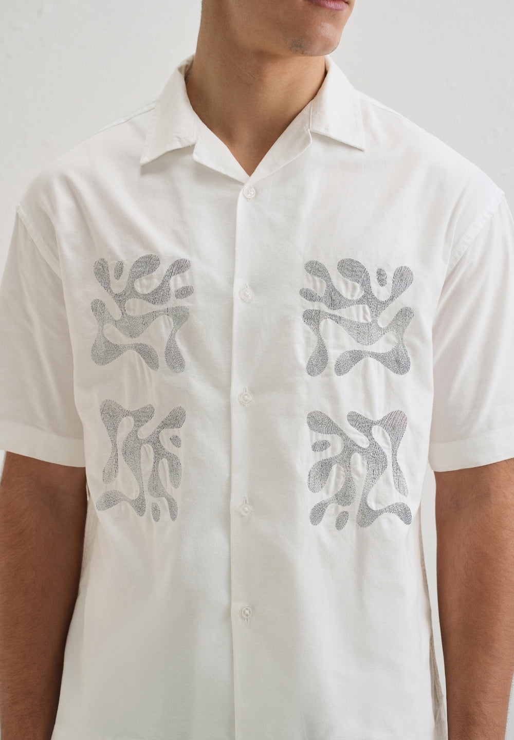 White Embroidery Cuban Collar Cotton Shirt