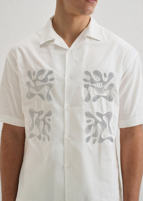 White Embroidery Cuban Collar Cotton Shirt