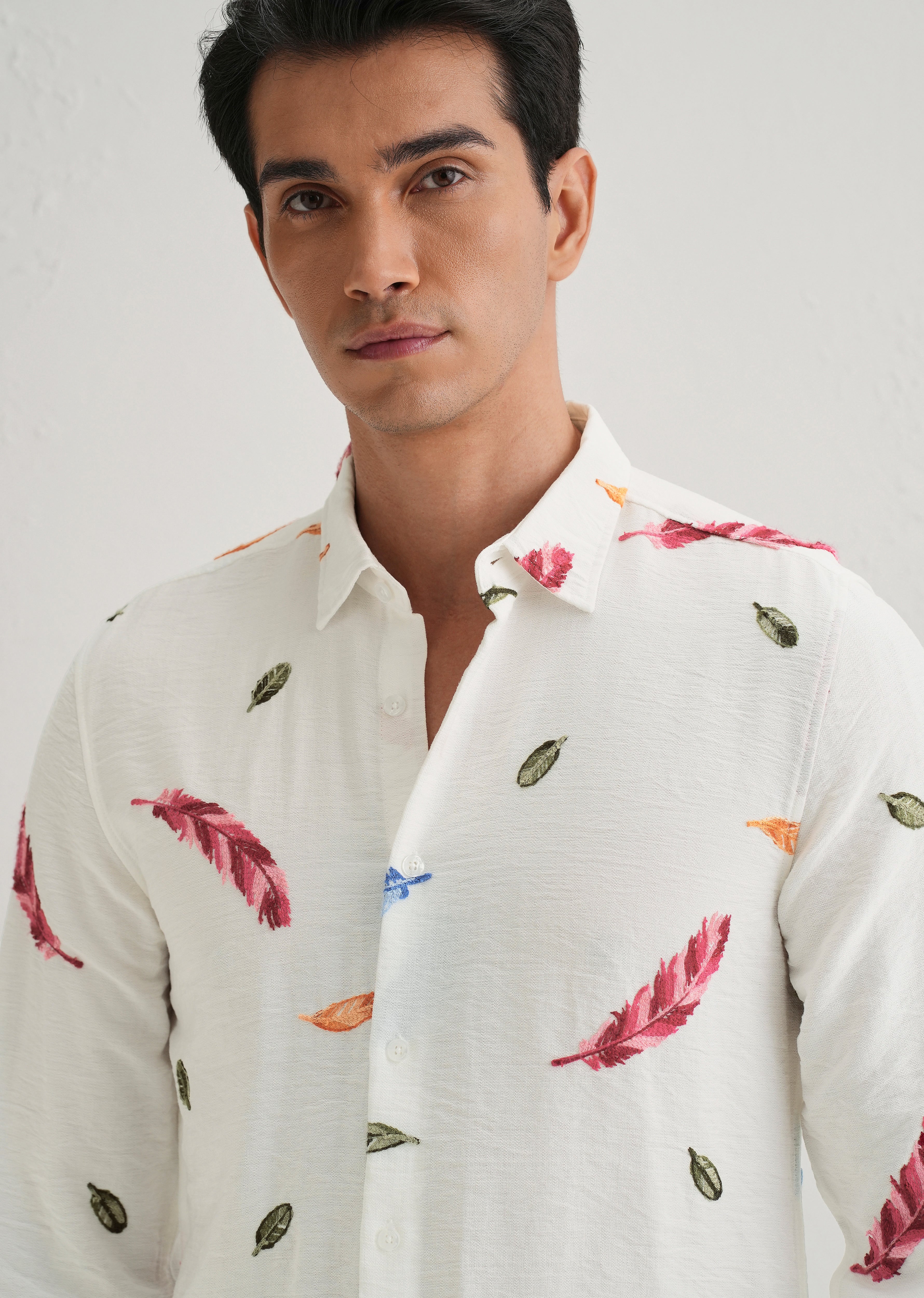 White Feather Leaf Embroidery Shirt