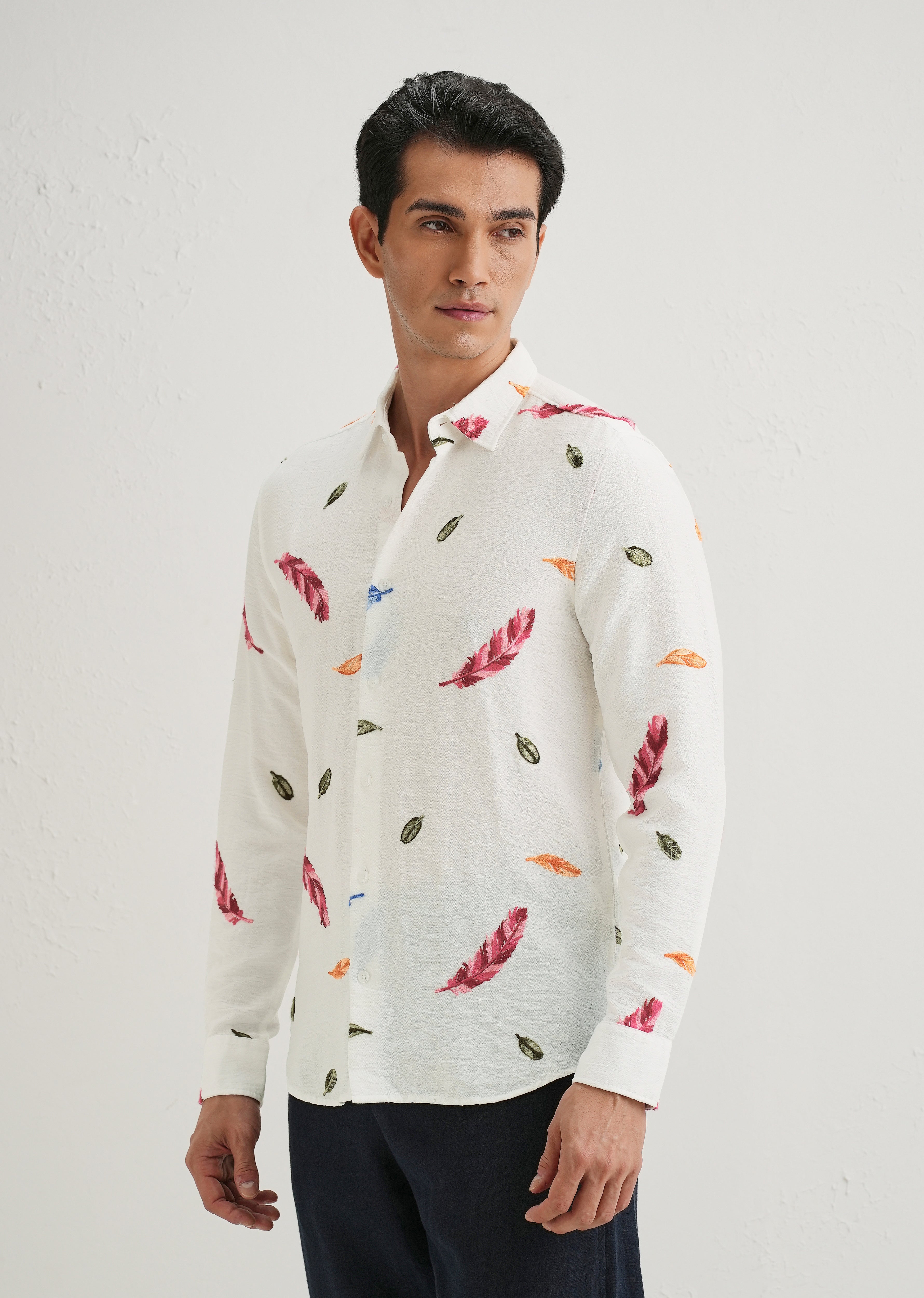 White Feather Leaf Embroidery Shirt