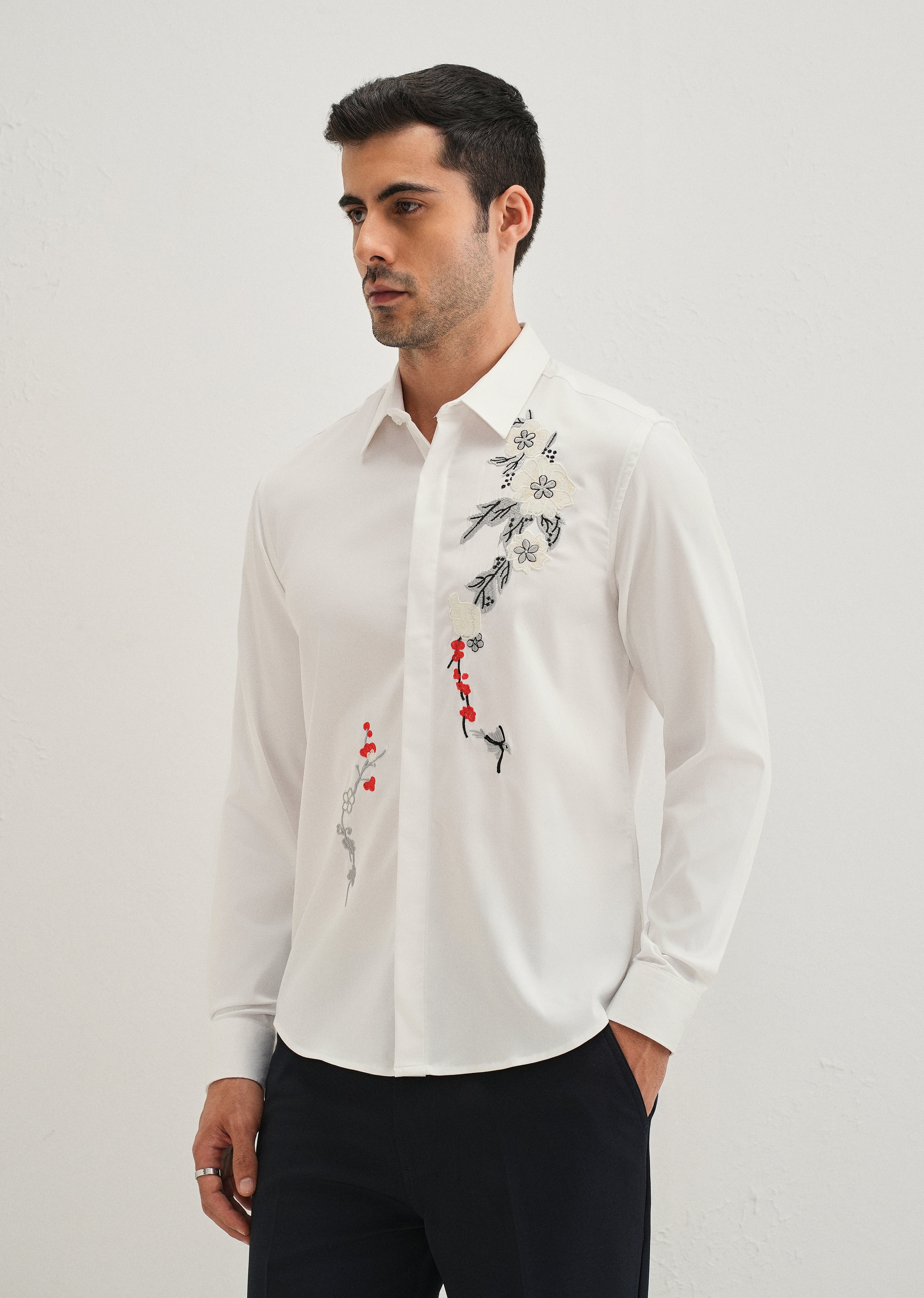 White Floral Embroidered Designer Shirt