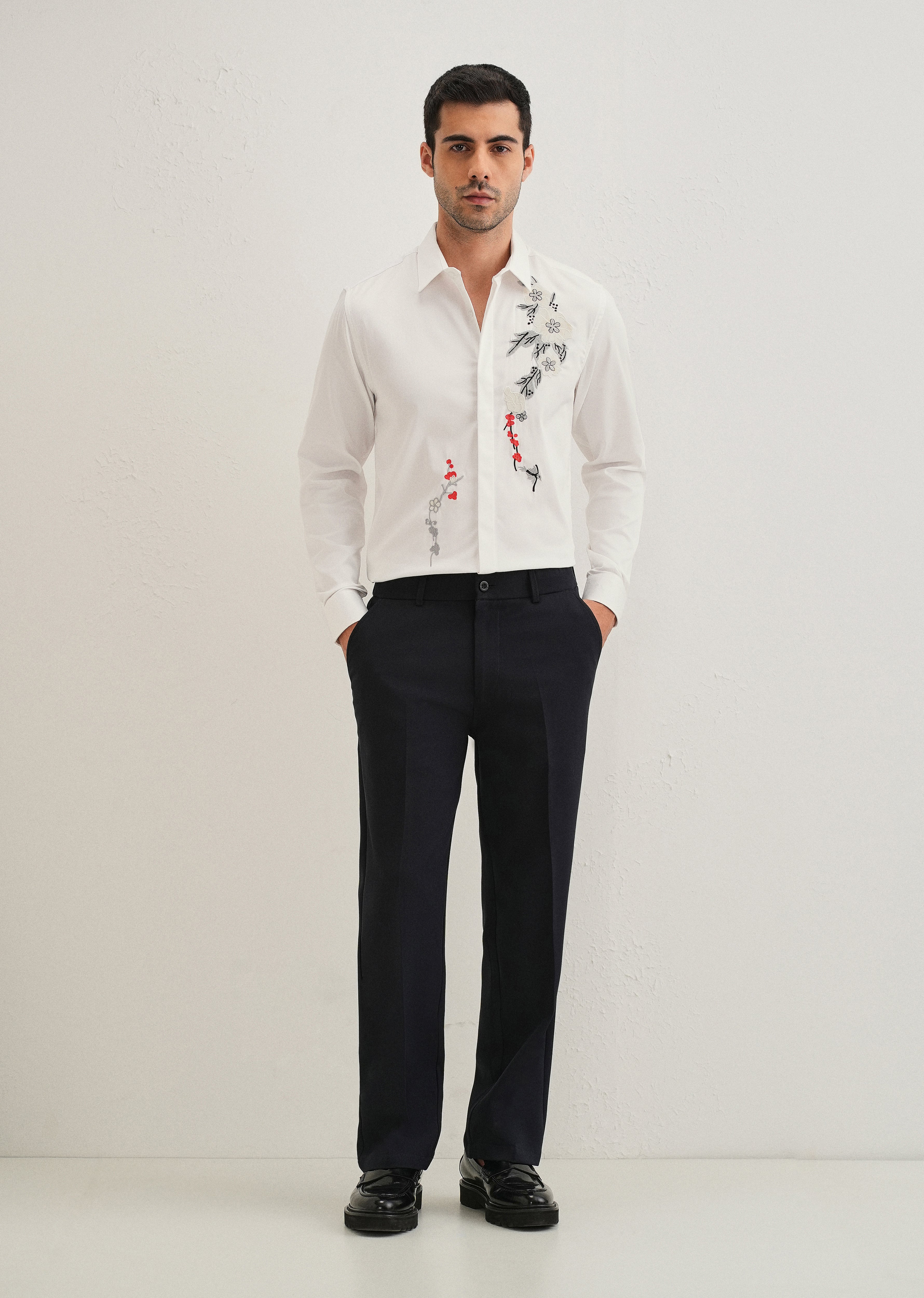 White Floral Embroidered Designer Shirt