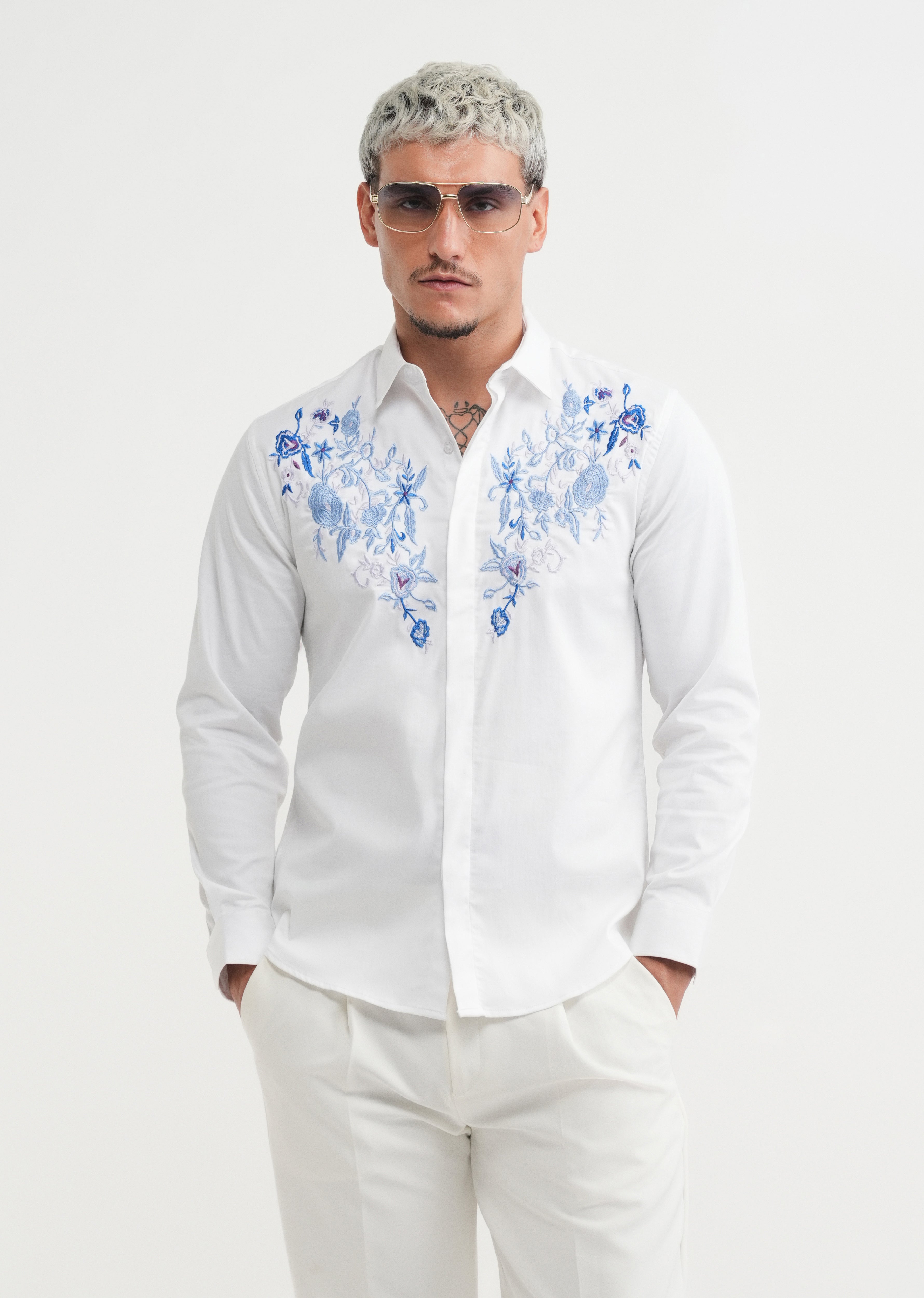 White Floral Embroidery Designer Shirt