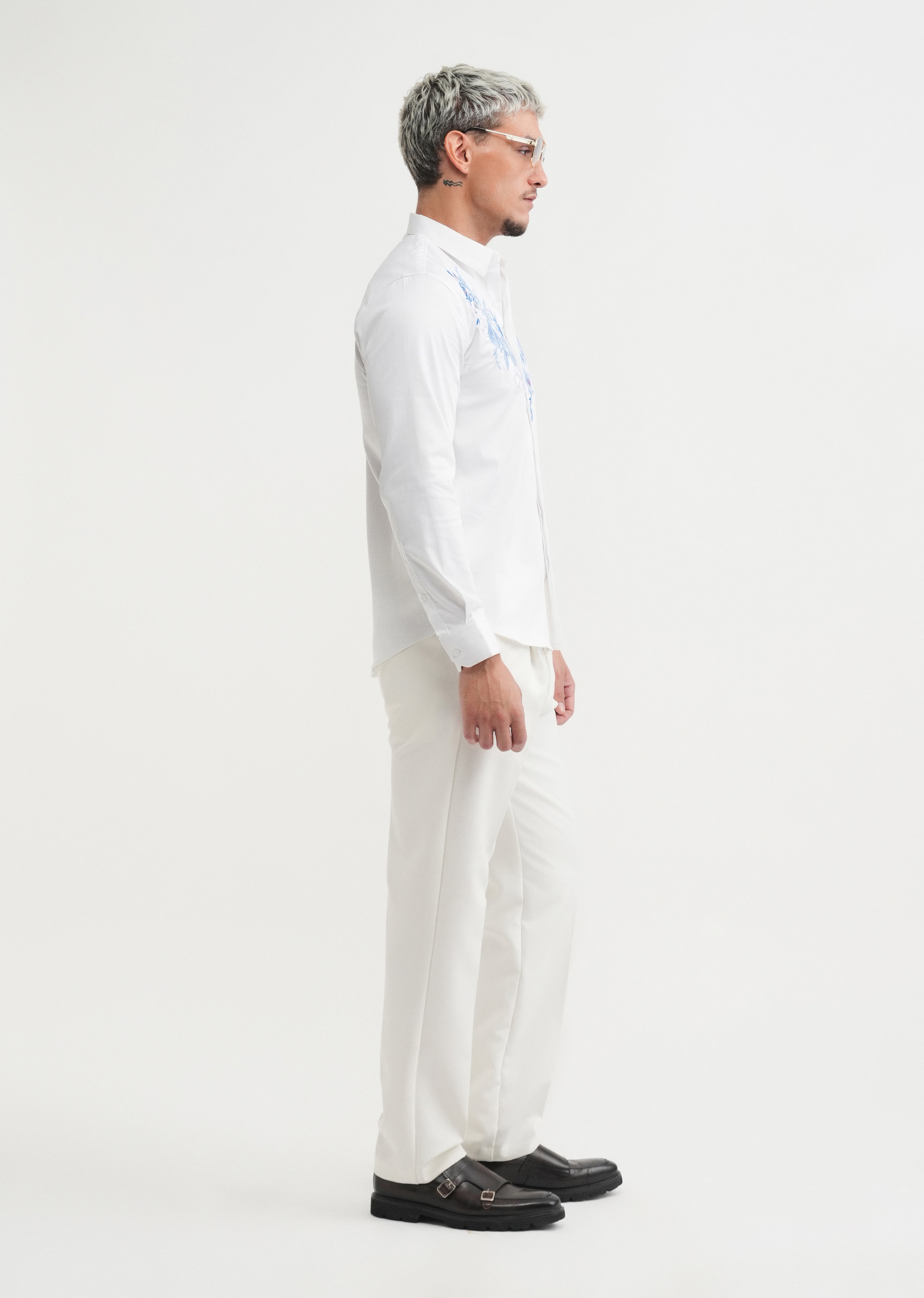 White Floral Embroidery Designer Shirt