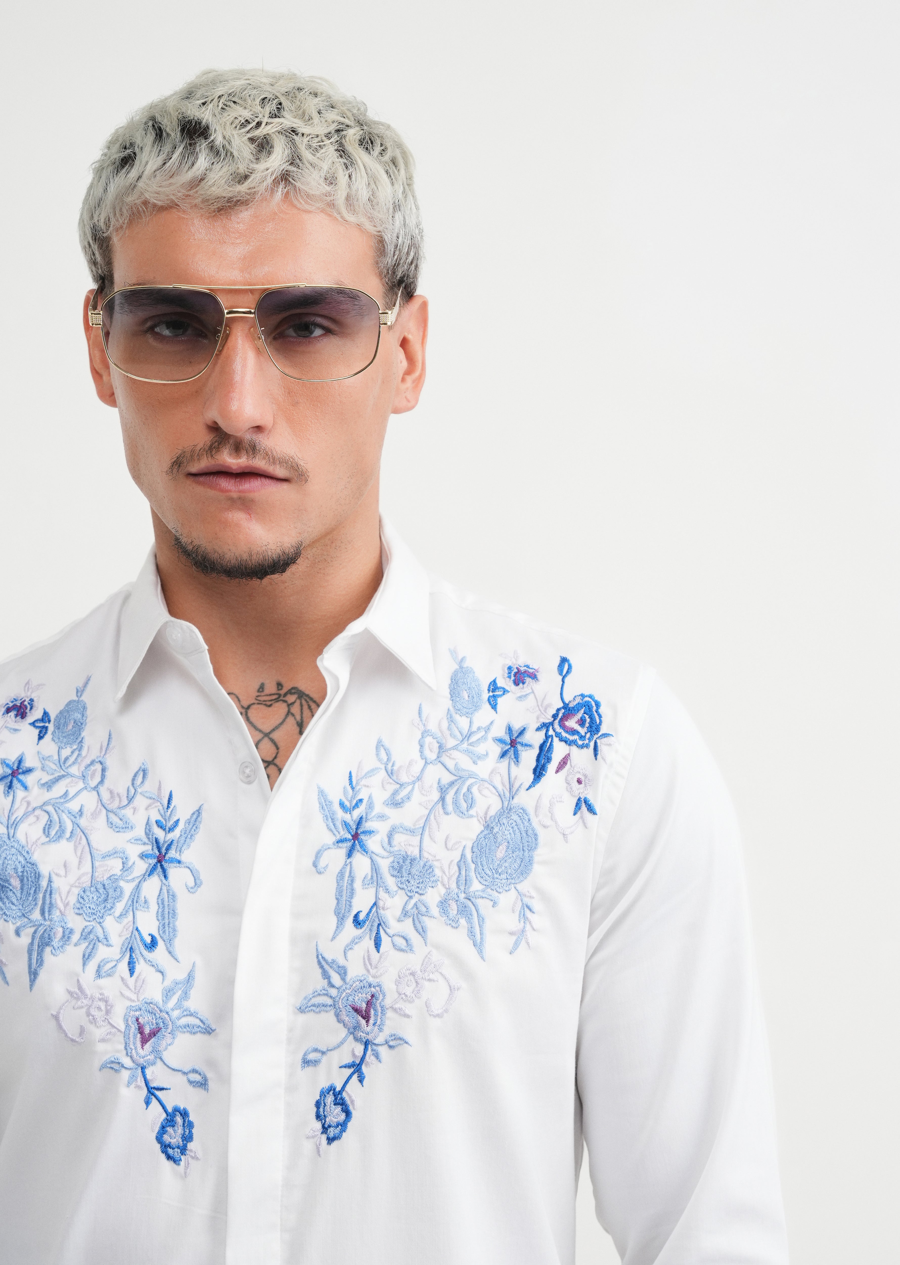 White Floral Embroidery Designer Shirt
