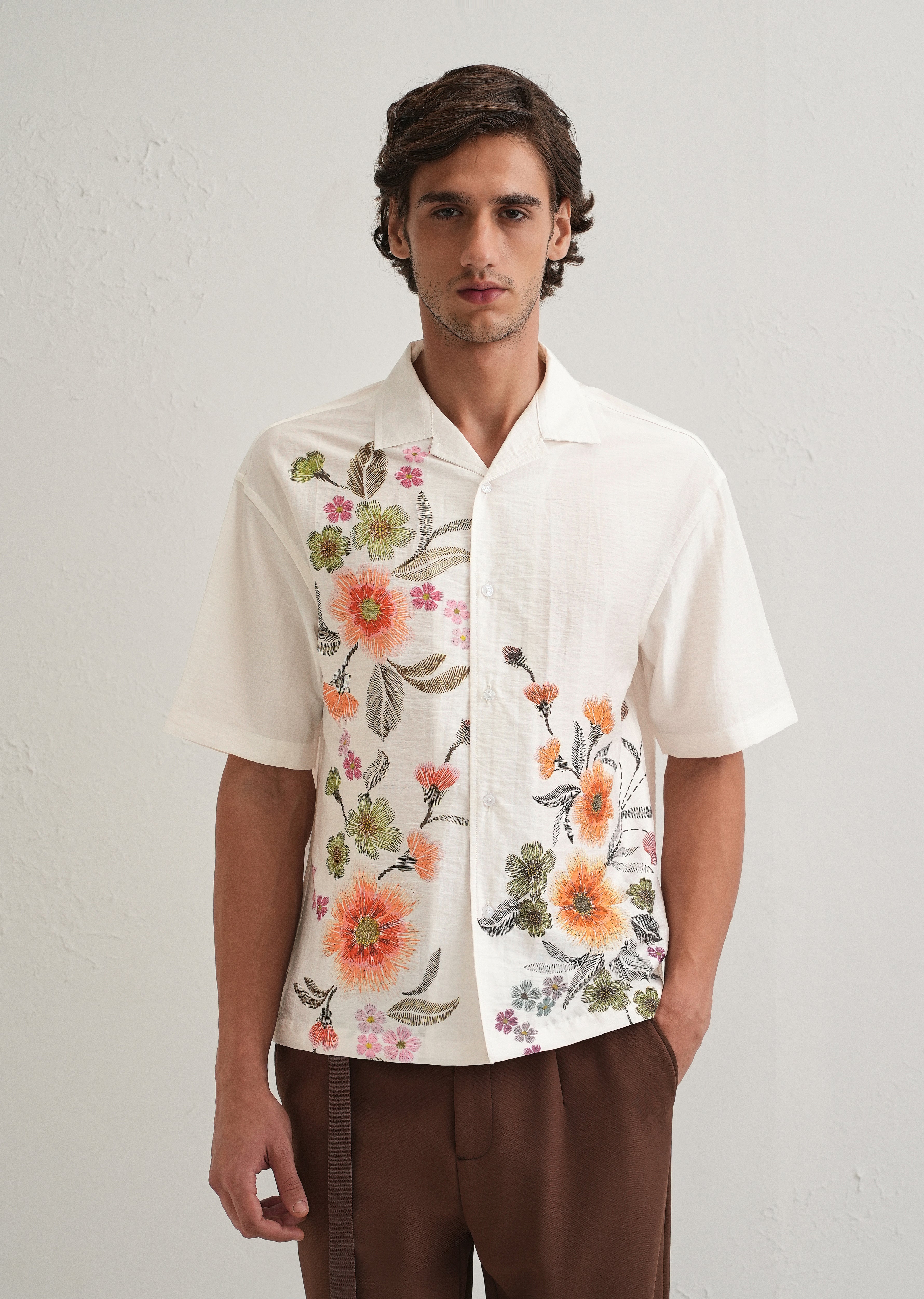 White Floral Placement Print Shirt